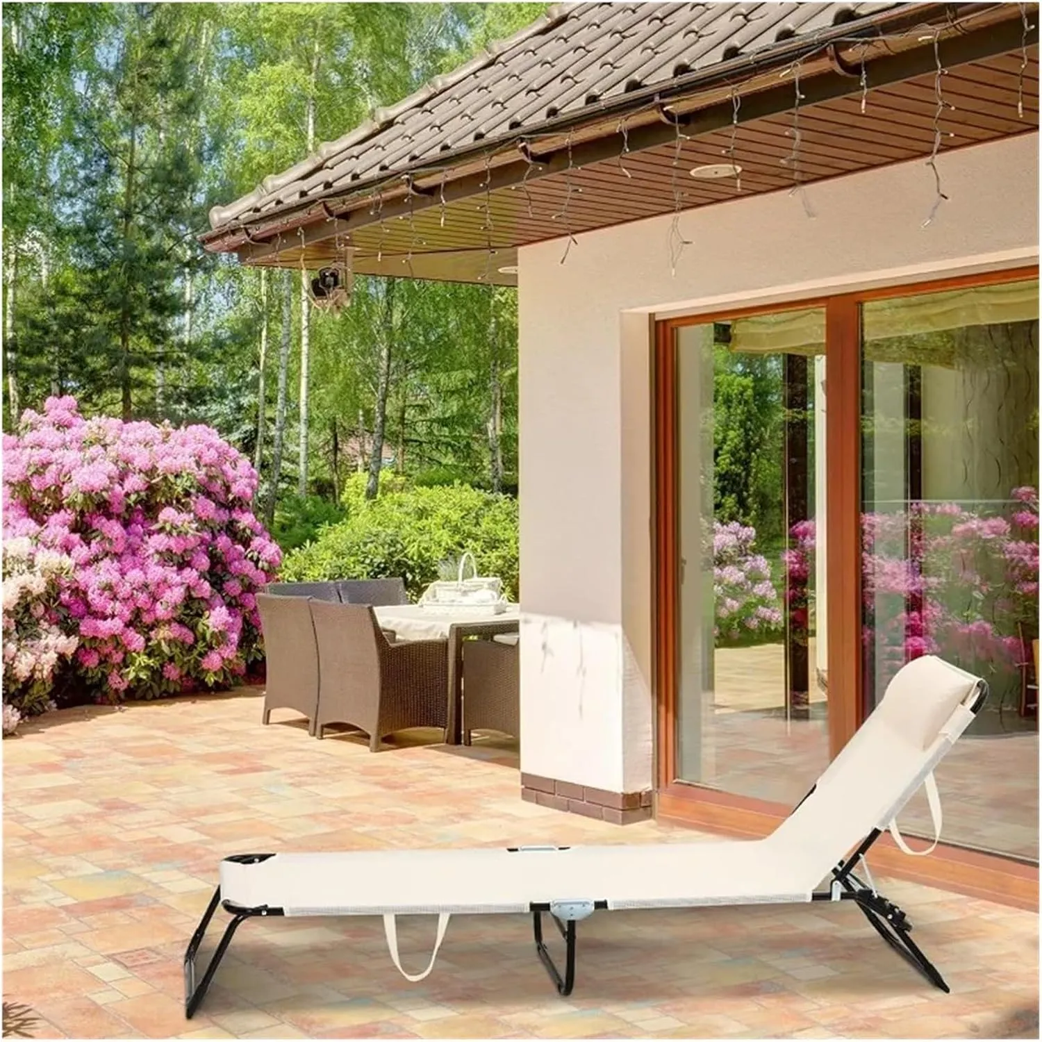 Lounge Folding Sun Lounger 2 Pack Folding Chaise Lounge Chairs Outdoor Adjustable Chair with Reclining Back Detachable Pillow Breathable Mesh Sun Lounger