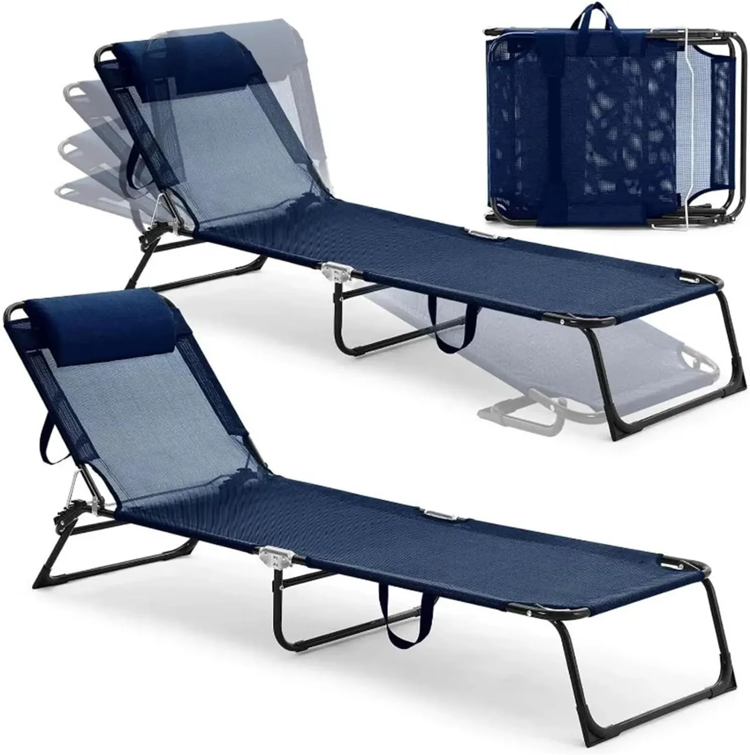 Lounge Folding Sun Lounger 2 Pack Folding Chaise Lounge Chairs Outdoor Adjustable Chair with Reclining Back Detachable Pillow Breathable Mesh Sun Lounger