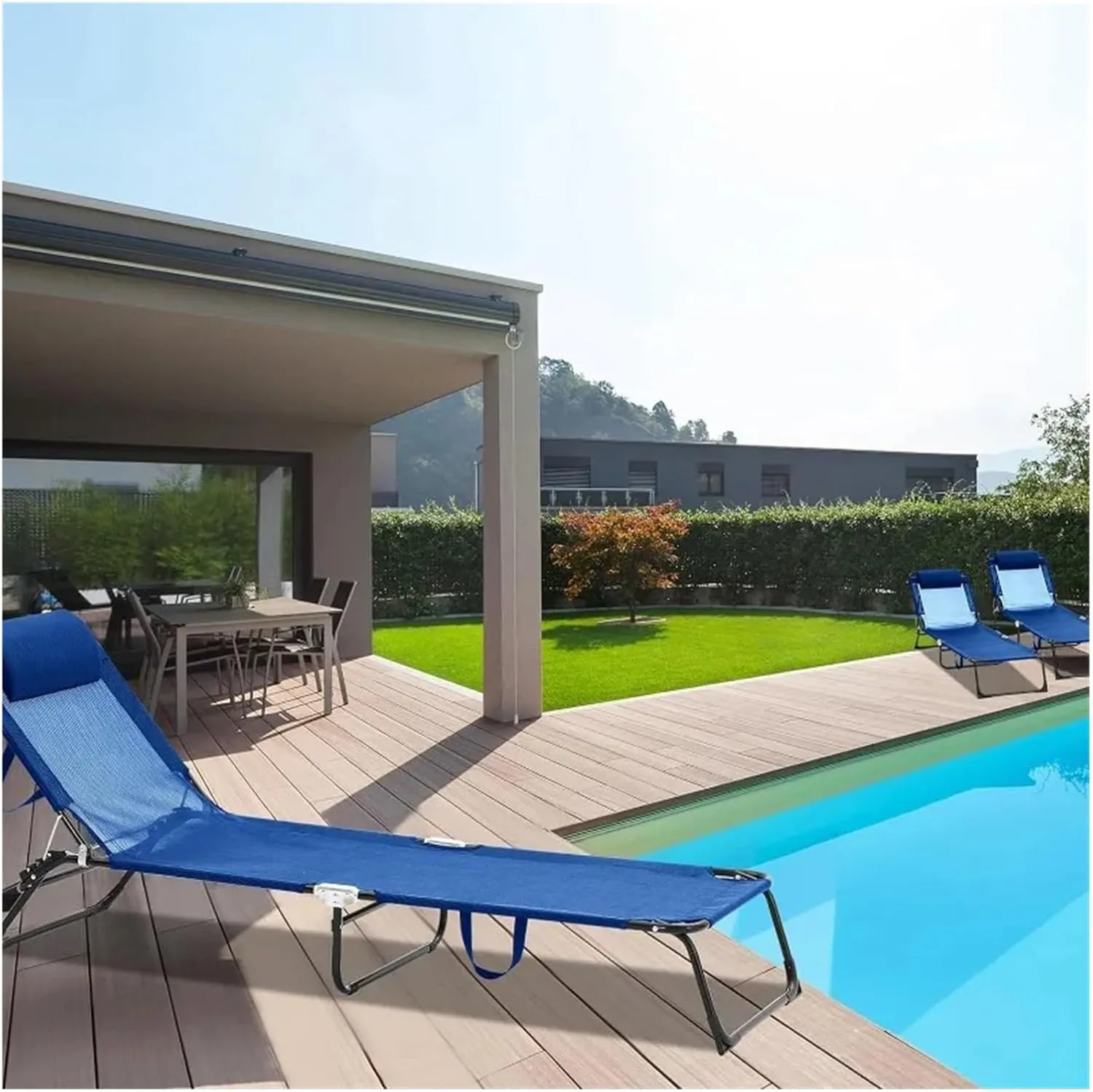 Lounge Folding Sun Lounger 2 Pack Folding Chaise Lounge Chairs Outdoor Adjustable Chair with Reclining Back Detachable Pillow Breathable Mesh Sun Lounger