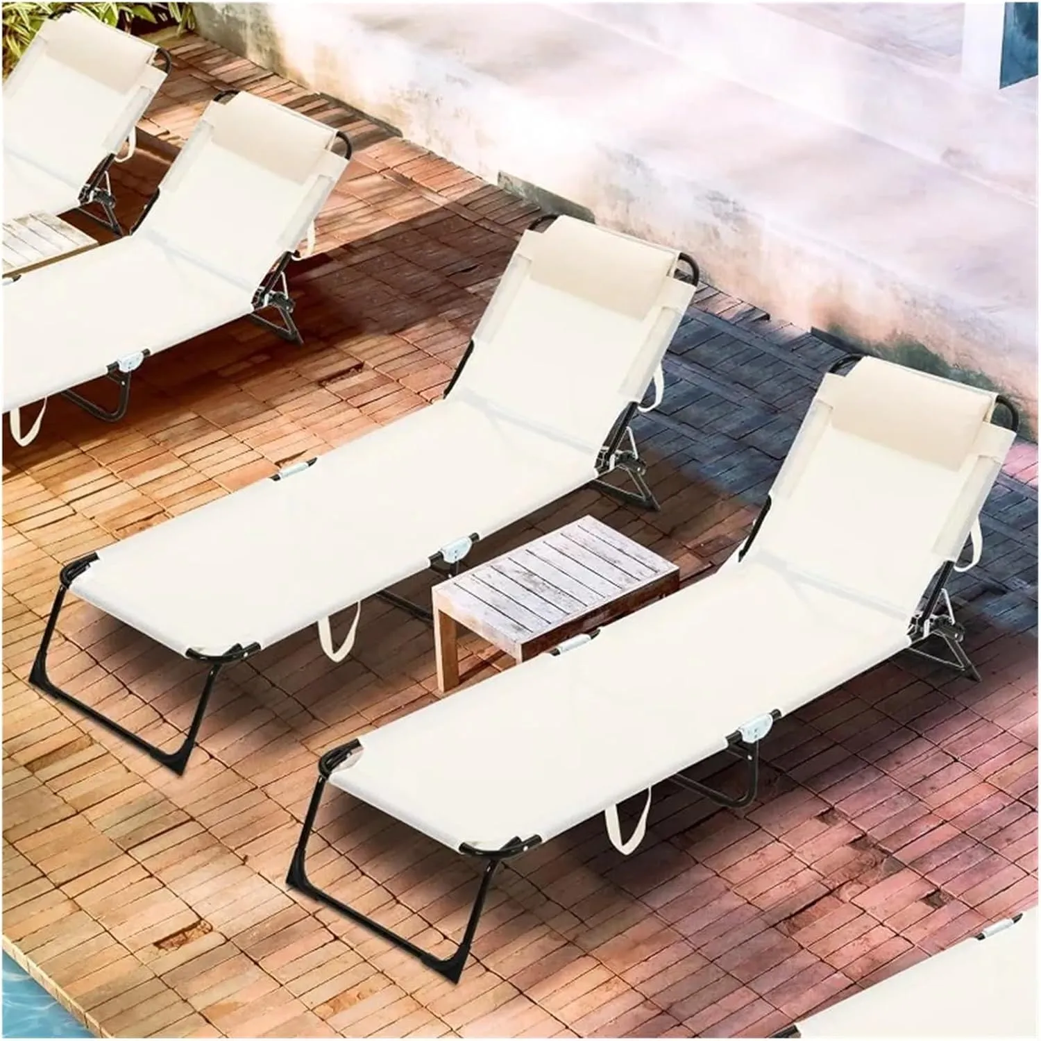 Lounge Folding Sun Lounger 2 Pack Folding Chaise Lounge Chairs Outdoor Adjustable Chair with Reclining Back Detachable Pillow Breathable Mesh Sun Lounger