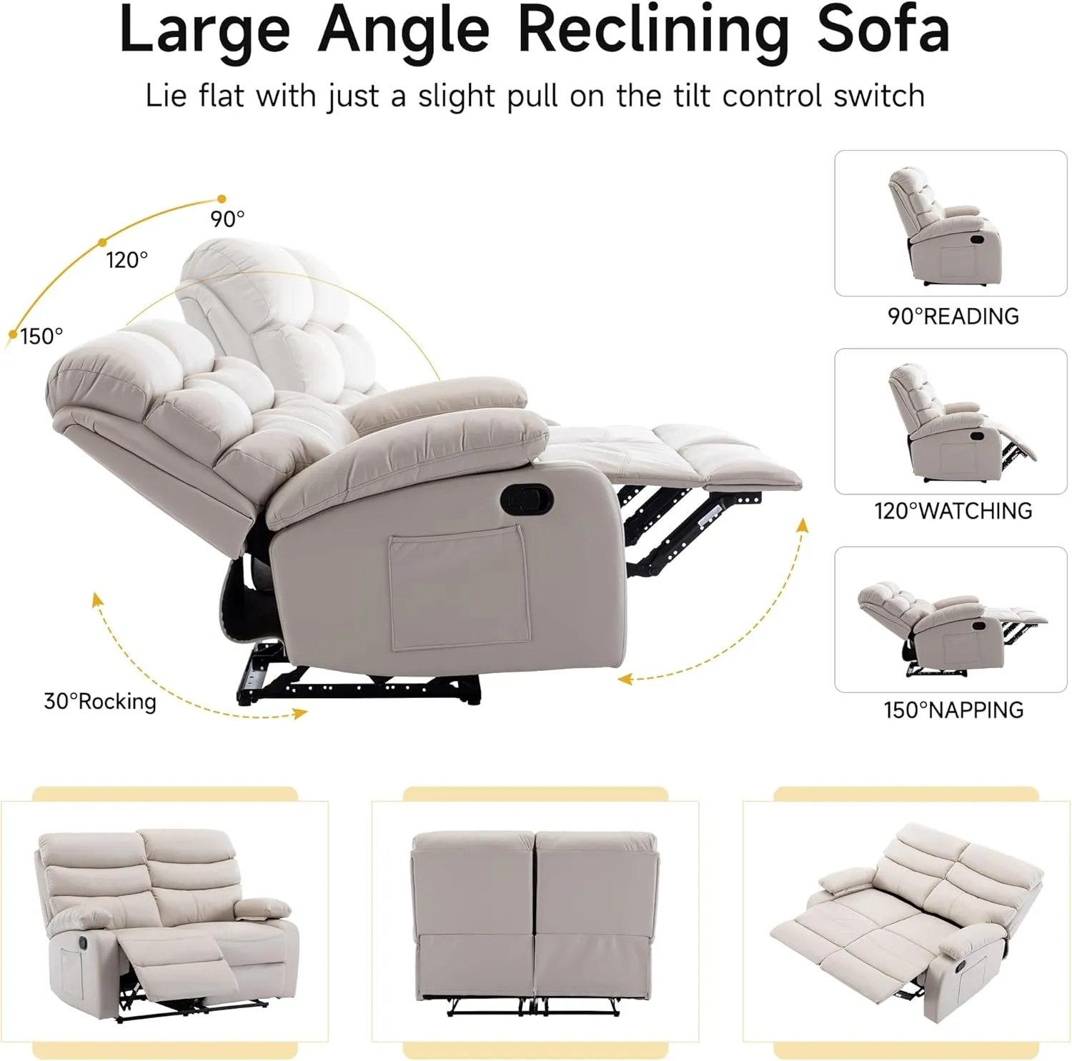 Loveseat Recliner Sofa, Small Sofa Couch, Leather Reclining Sofa 2-Seater Manual Double Seater Recliner, 2 Recliner Chair for Living Room, RV, Home Theater Seating(Beige, Loveseat)