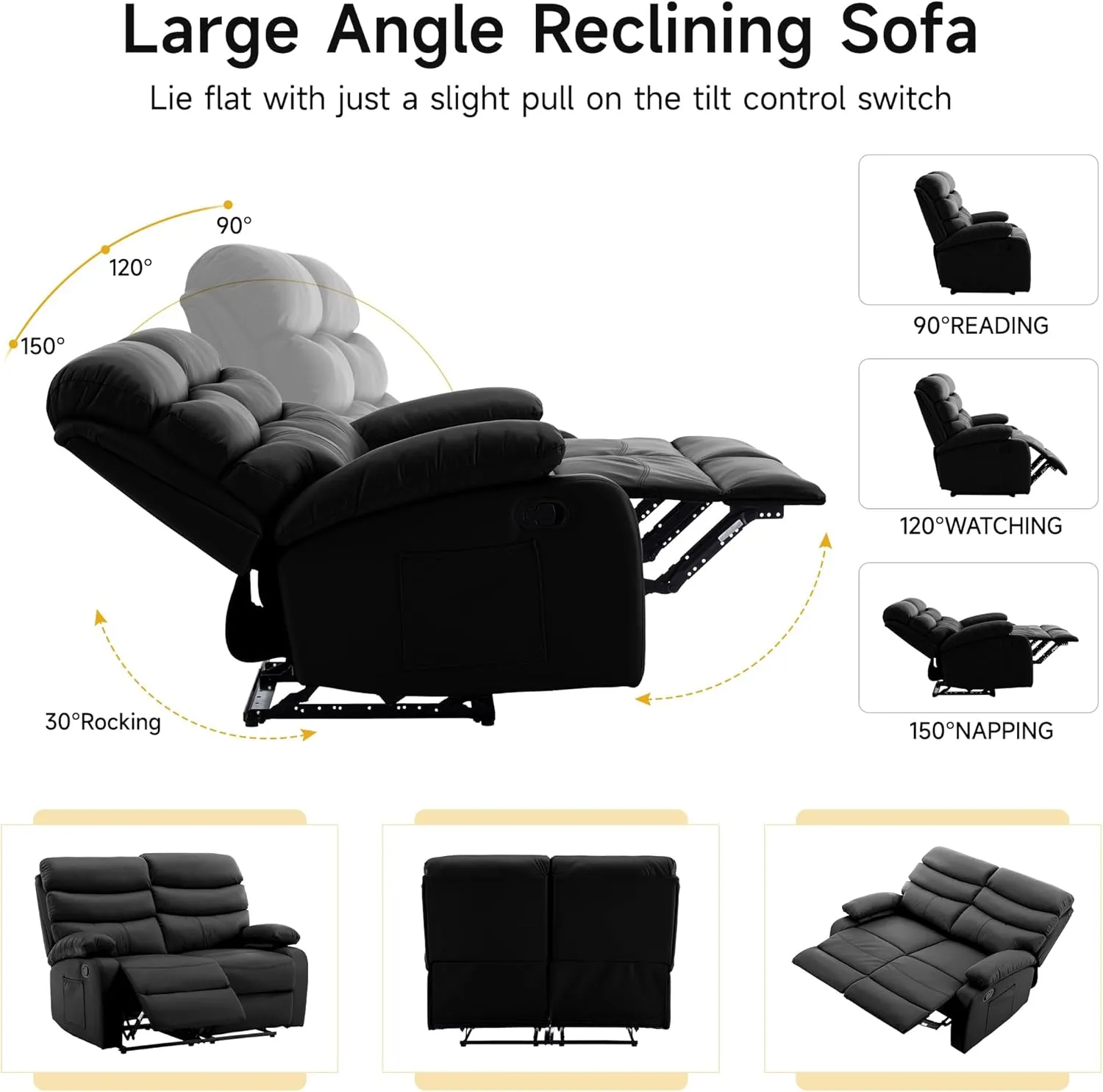 Loveseat Recliner Sofa, Small Sofa Couch, Leather Reclining Sofa 2-Seater Manual Double Seater Recliner, 2 Recliner Chair for Living Room, RV, Home Theater Seating(Black, Loveseat)
