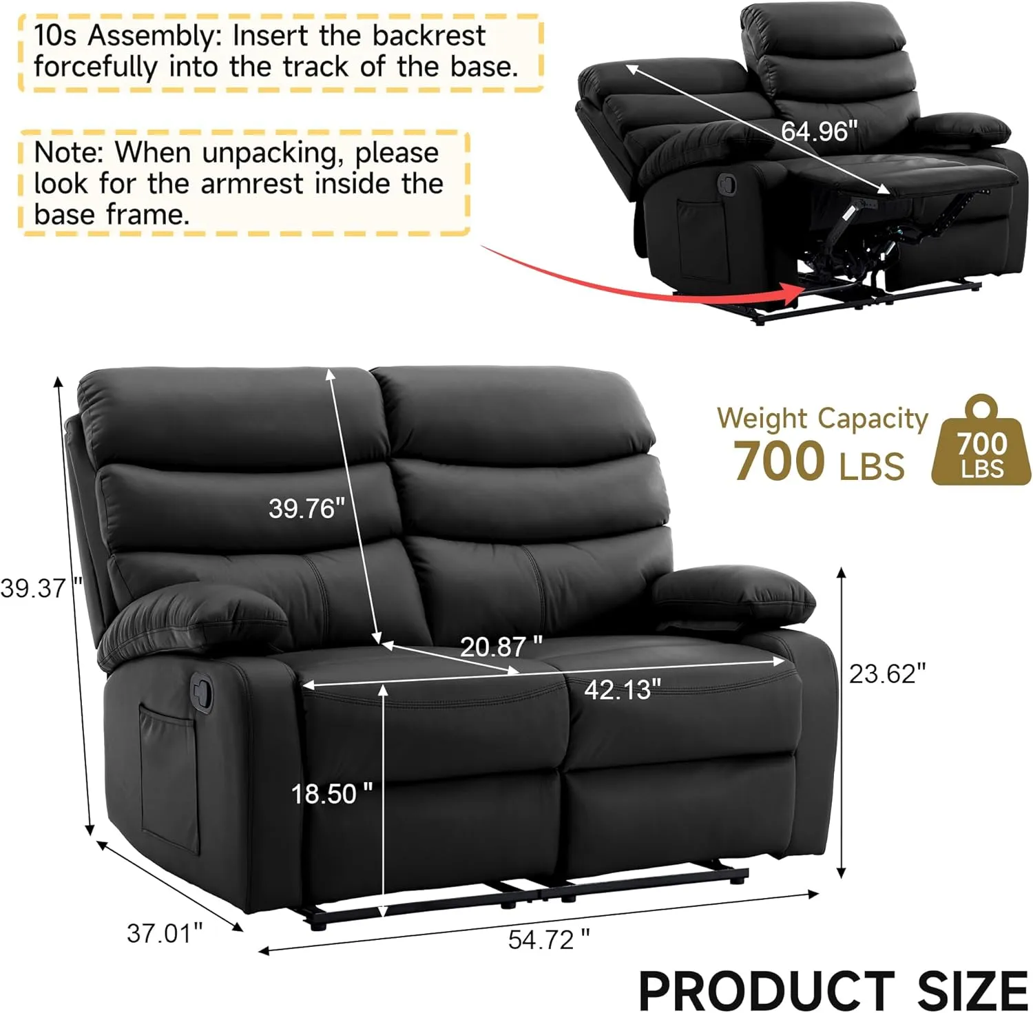 Loveseat Recliner Sofa, Small Sofa Couch, Leather Reclining Sofa 2-Seater Manual Double Seater Recliner, 2 Recliner Chair for Living Room, RV, Home Theater Seating(Black, Loveseat)