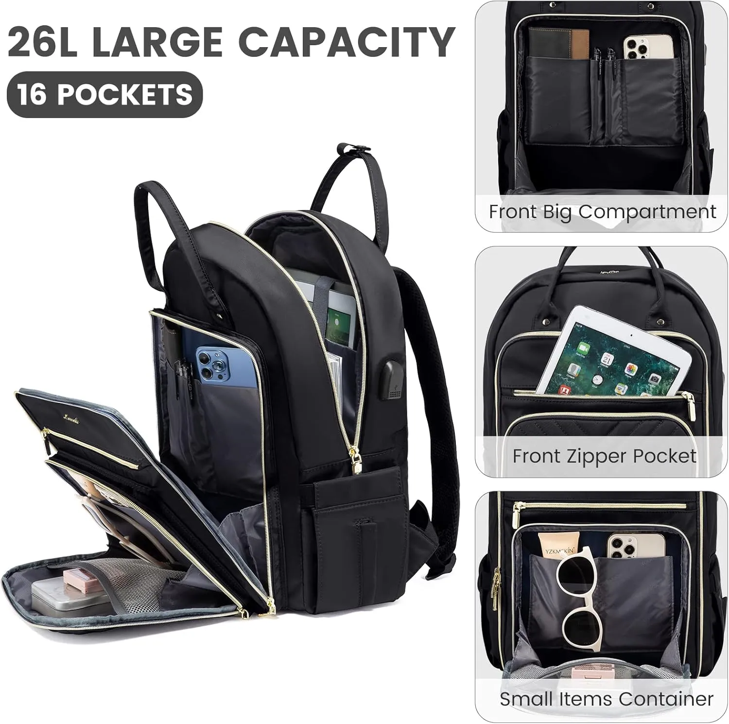 LOVEVOOK Laptop Backpack Women Teacher Backpack,15.6 Inch Laptop Bag with USB Port,Waterproof Daypack for Work Travel,Black
