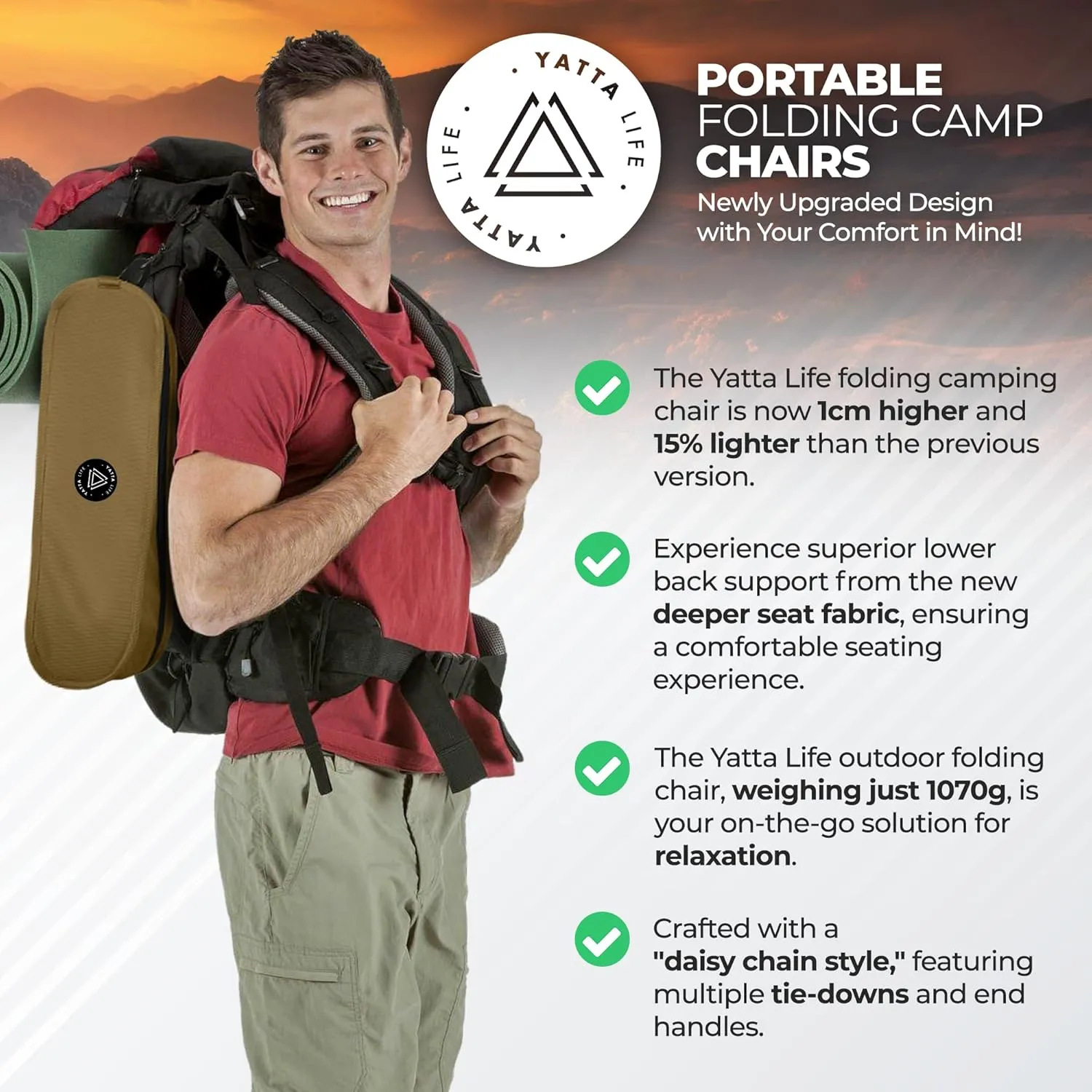 Low Back Folding Camping Chairs with Storage Pouches - Lawn Chairs, Beach Chair, Fishing Chair, Pliante Portable Camping Outdoor Chair, Chaise Camping Chairs for Adults (Khaki)