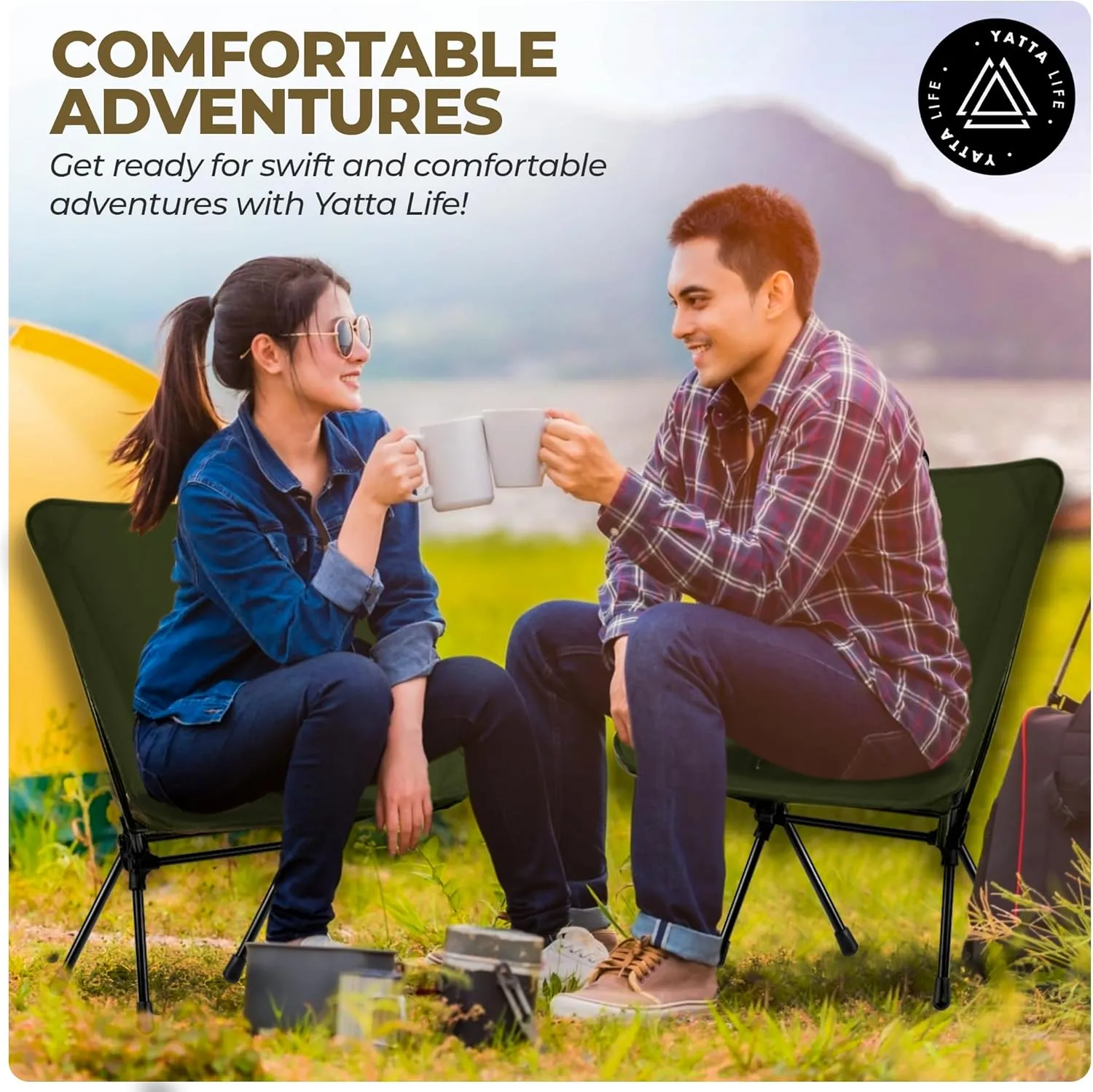 Low Back Folding Camping Chairs with Storage Pouches - Lawn Chairs, Beach Chair, Fishing Chair, Pliante Portable Camping Outdoor Chair, Chaise Camping Chairs for Adults (Khaki)