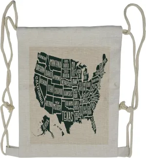 Lunarable USA Drawstring Backpack, US Map and States Names, Sackpack Bag