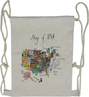 Lunarable USA Map Drawstring Backpack, Symbolic Cultural Elements, Sackpack Bag