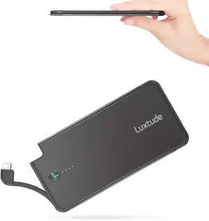 Luxtude Portable Charger iPhone Built in Lightning Cable (MFi Apple Certified), Ultra Slim Portable Phone Charger Thin Battery Pack, 5000mAh Power Bank for iPhone 14/13/12/11/10 etc. (Metal Black)