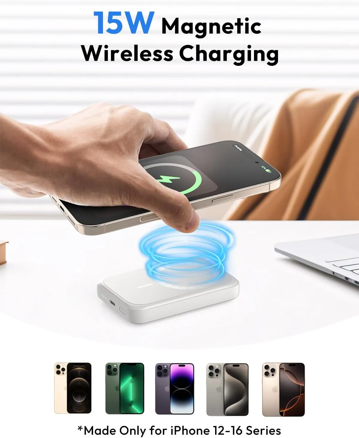Magnetic Phone Charger 10000mAh, 15W Wireless Portable Phone Charger, 20W USB C Fast Charging Magnetic Battery Pack for iPhone 16/15/14/13/12 Series-White