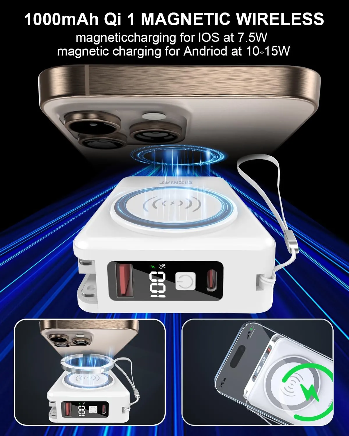 Magsafe Portable Charger Power Bank 10000mAh, 22.5W Fast Charging Wall Plug Power Bank for iPhone Andriod Sumsung 5 in 1 Travel Wireless Charger with Built in USB C & Lightning Cables - W