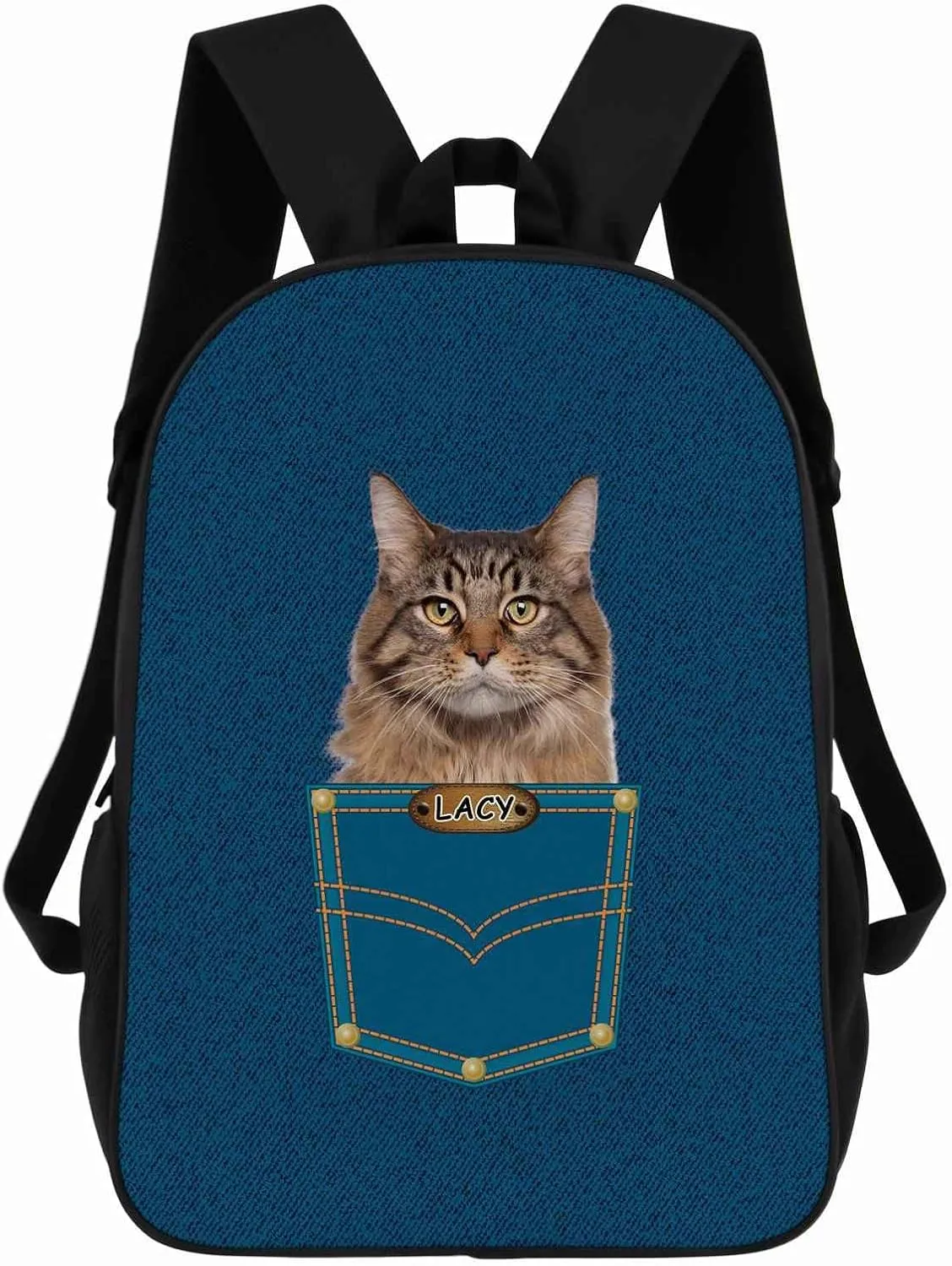 Maine Cooncat Backpack Bookbag Custom Blue Jeans Print Daypack Laptop Bag for Work Travel Hiking 17 Inch Lightweight