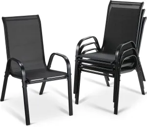 MAMIZO 4 Pcs Patio Dining Chairs, Stackable All Weather Teslin Chair, Heavy Duty Outdoor Breathable Chairs Set, w/Armrests, Upgraded Chair FeetW/Strenthened Iron Spacers,for Garden,330 LBS (Black)
