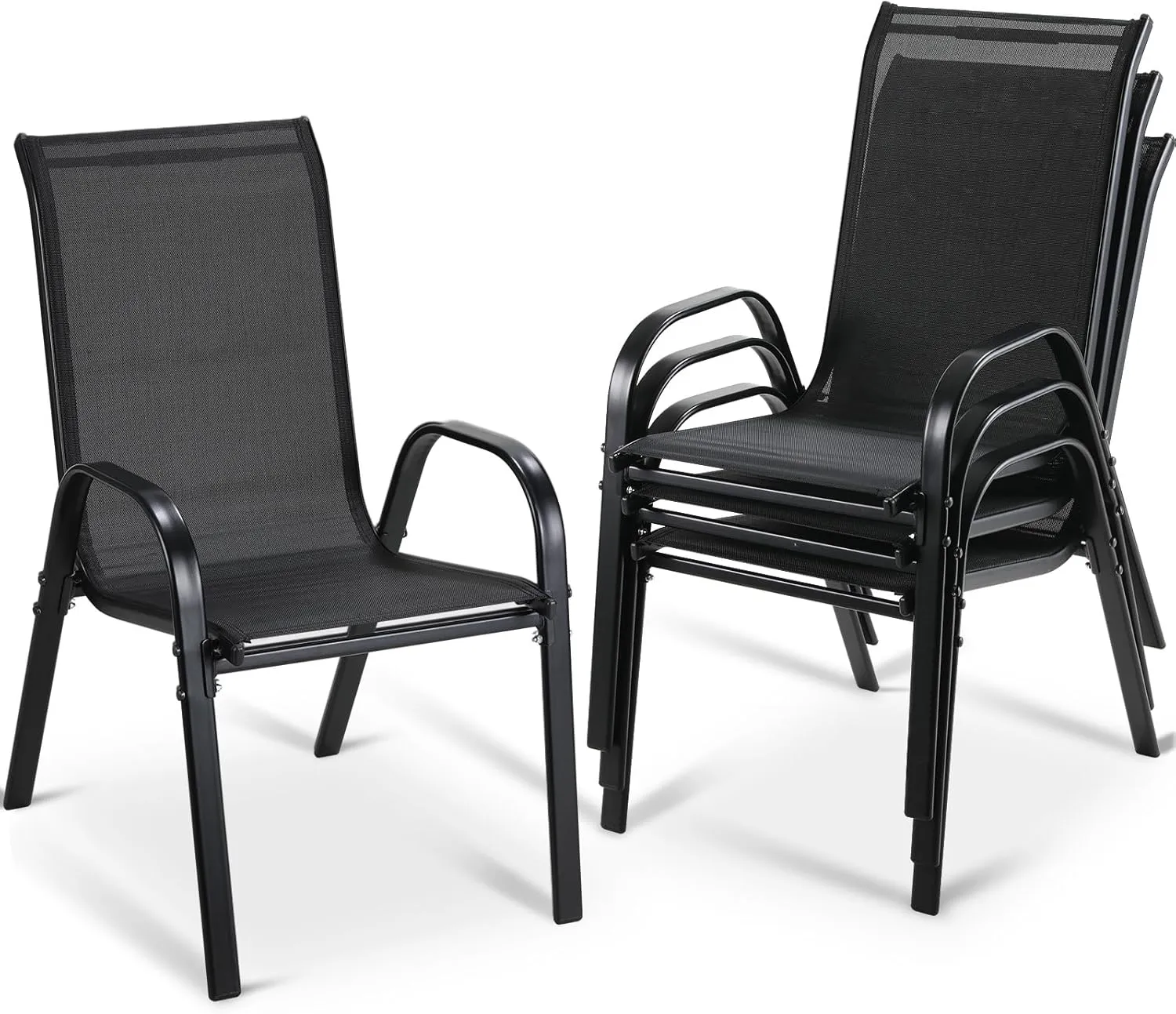 MAMIZO 4 Pcs Patio Dining Chairs, Stackable All Weather Teslin Chair, Heavy Duty Outdoor Breathable Chairs Set, w/Armrests, Upgraded Chair FeetW/Strenthened Iron Spacers,for Garden,330 LBS (Black)