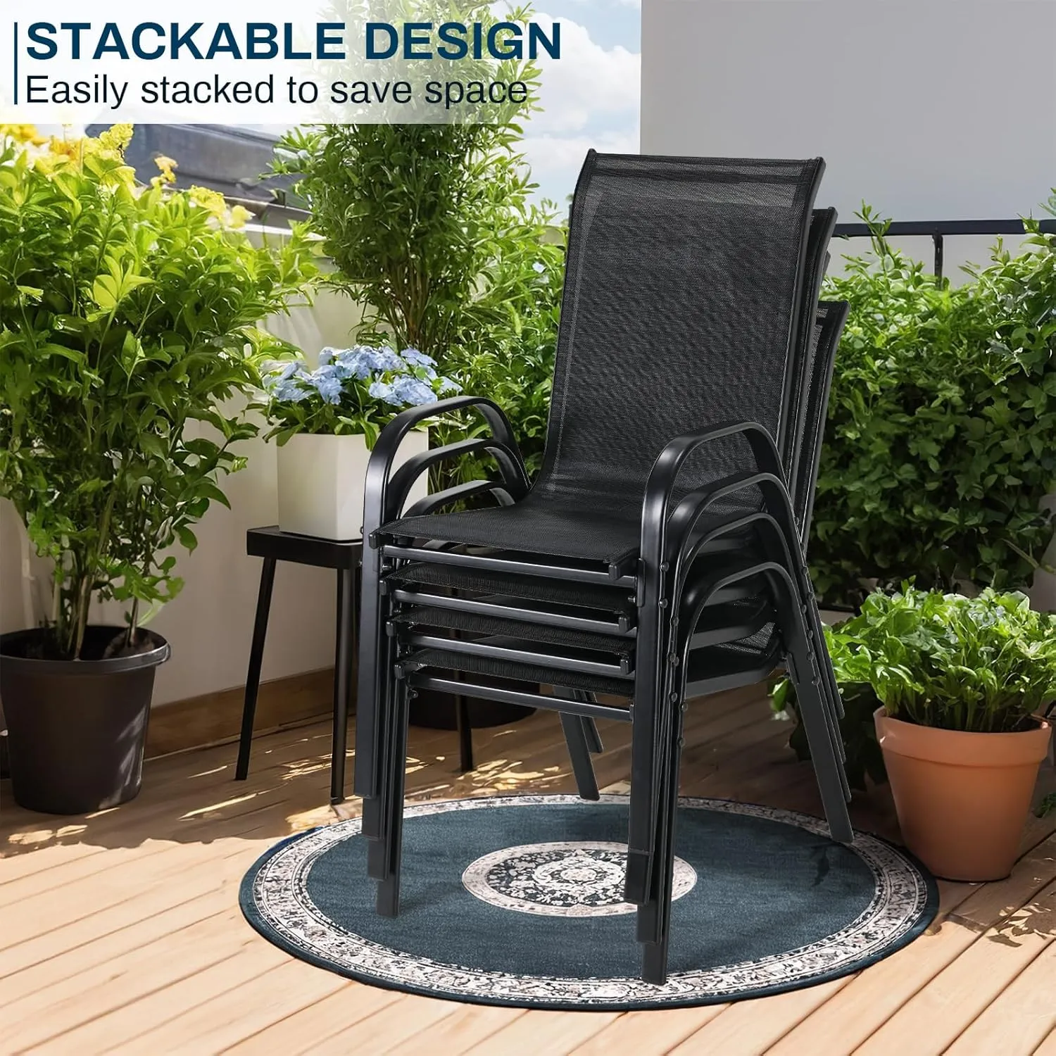 MAMIZO 4 Pcs Patio Dining Chairs, Stackable All Weather Teslin Chair, Heavy Duty Outdoor Breathable Chairs Set, w/Armrests, Upgraded Chair FeetW/Strenthened Iron Spacers,for Garden,330 LBS (Black)