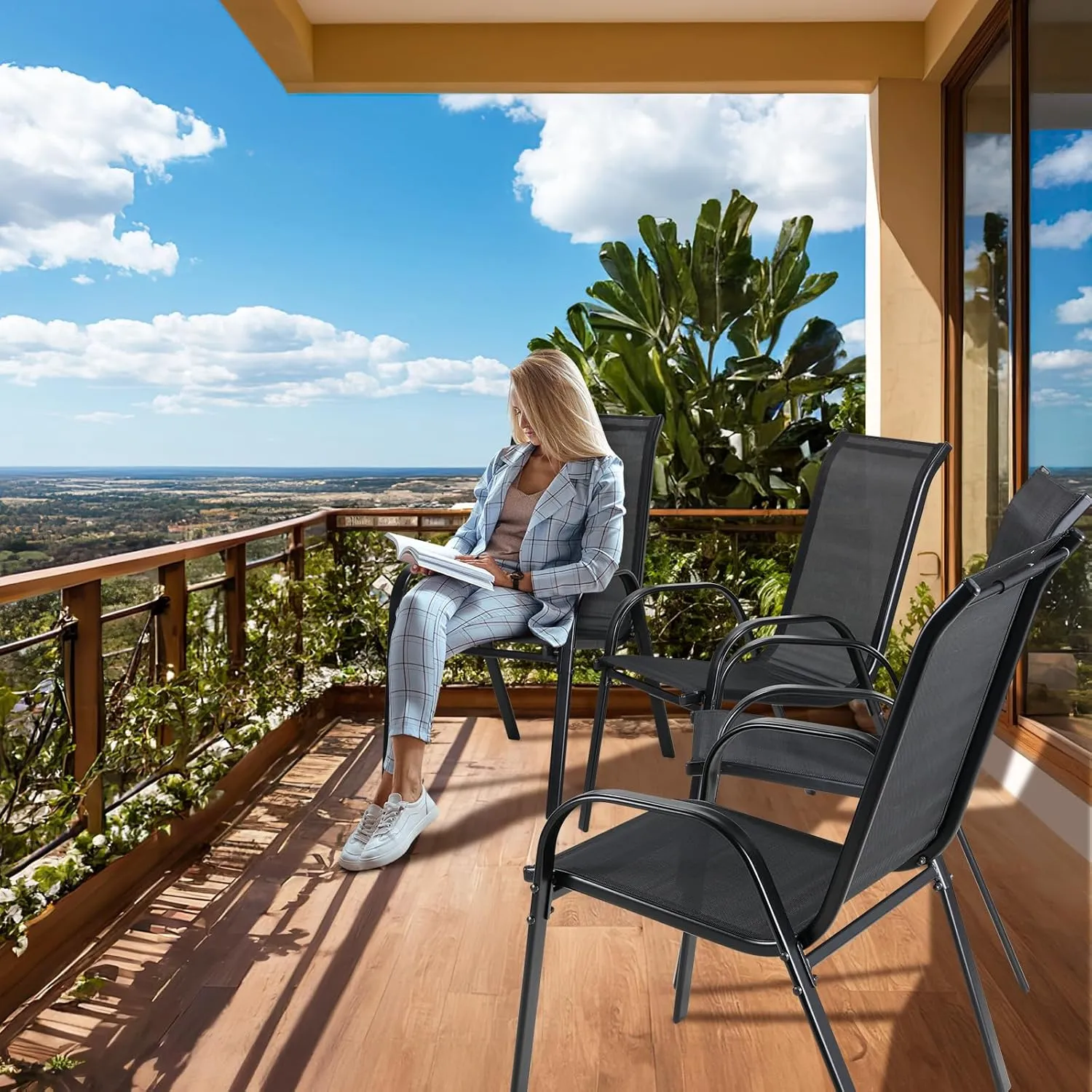 MAMIZO 4 Pcs Patio Dining Chairs, Stackable All Weather Teslin Chair, Heavy Duty Outdoor Breathable Chairs Set, w/Armrests, Upgraded Chair FeetW/Strenthened Iron Spacers,for Garden,330 LBS (Black)