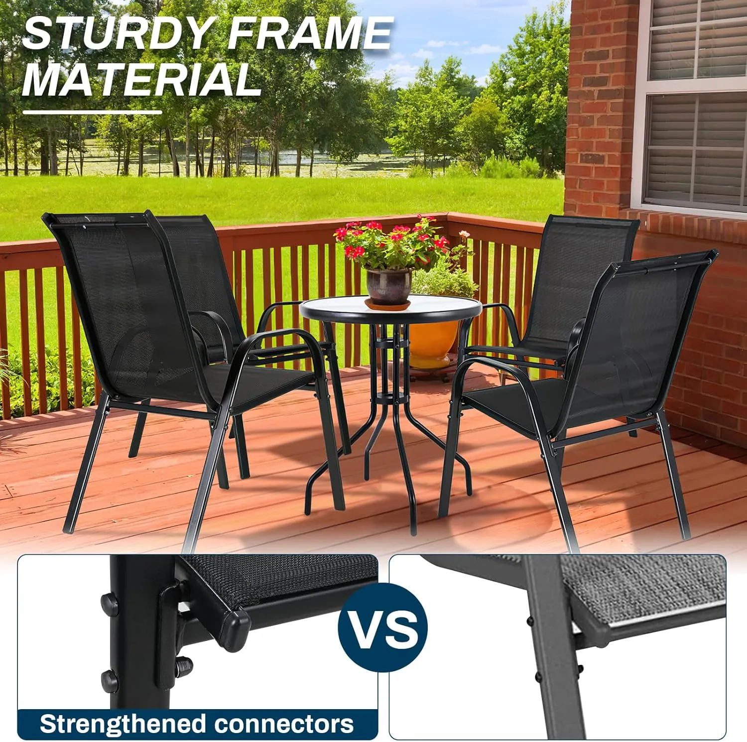 MAMIZO 4 Pcs Patio Dining Chairs, Stackable All Weather Teslin Chair, Heavy Duty Outdoor Breathable Chairs Set, w/Armrests, Upgraded Chair FeetW/Strenthened Iron Spacers,for Garden,330 LBS (Black)
