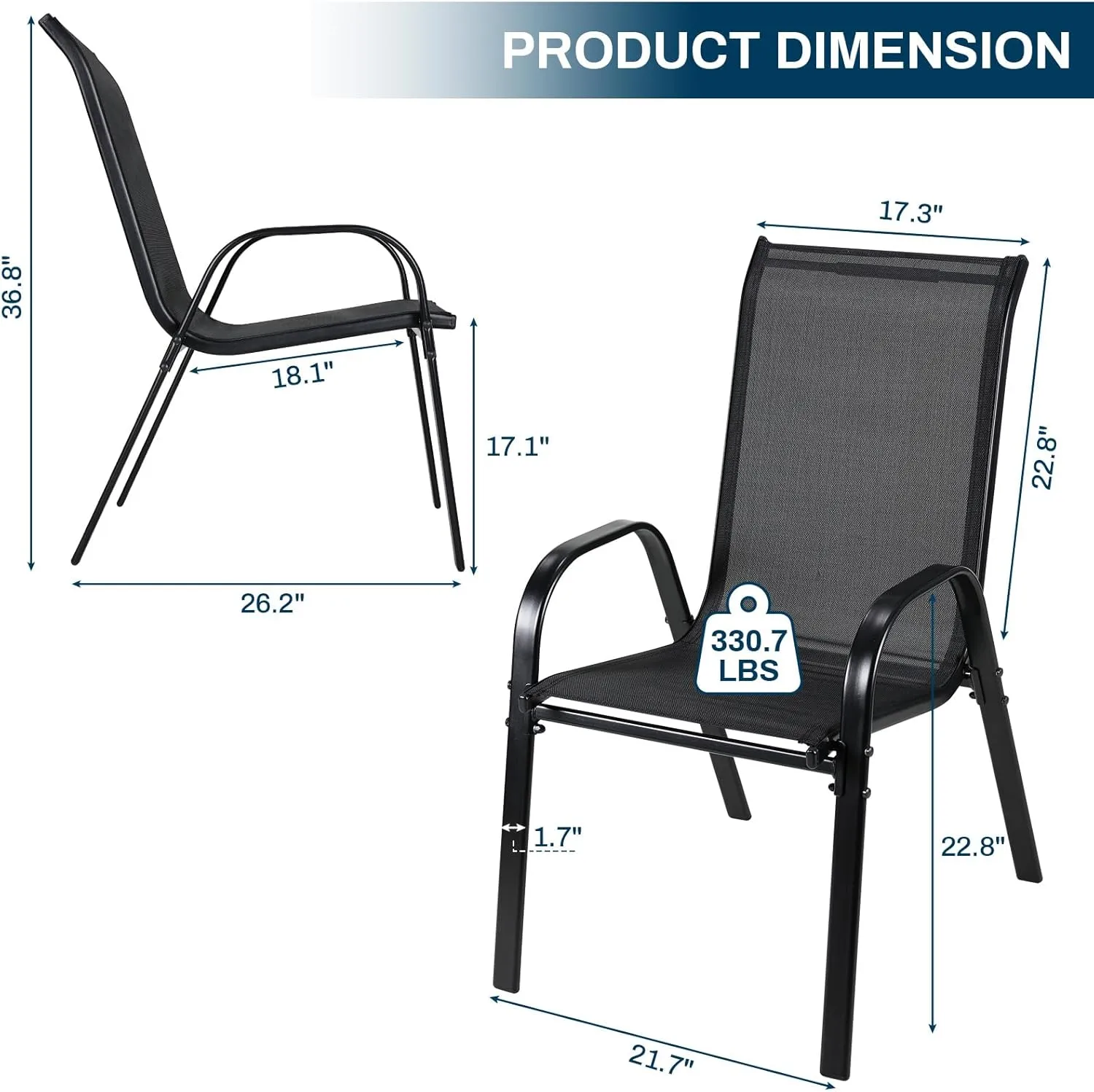 MAMIZO 4 Pcs Patio Dining Chairs, Stackable All Weather Teslin Chair, Heavy Duty Outdoor Breathable Chairs Set, w/Armrests, Upgraded Chair FeetW/Strenthened Iron Spacers,for Garden,330 LBS (Black)
