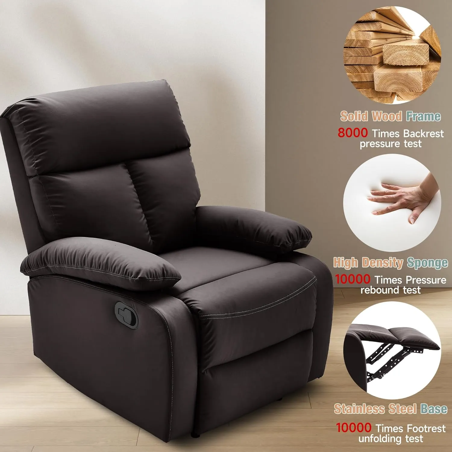 Manual Recliner Chair for Adults and Small Spaces, Faux Leather Reclining Chair, Single Lazyboy Sofa for Living Room, RV, Bedroom, Brown