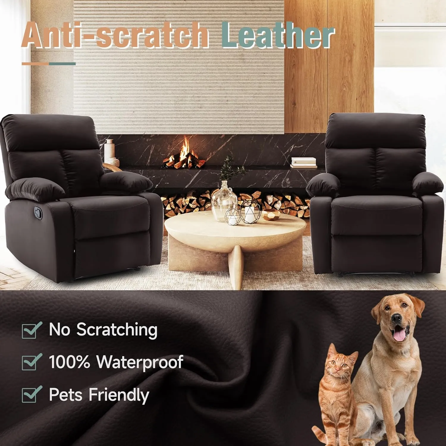 Manual Recliner Chair for Adults and Small Spaces, Faux Leather Reclining Chair, Single Lazyboy Sofa for Living Room, RV, Bedroom, Brown