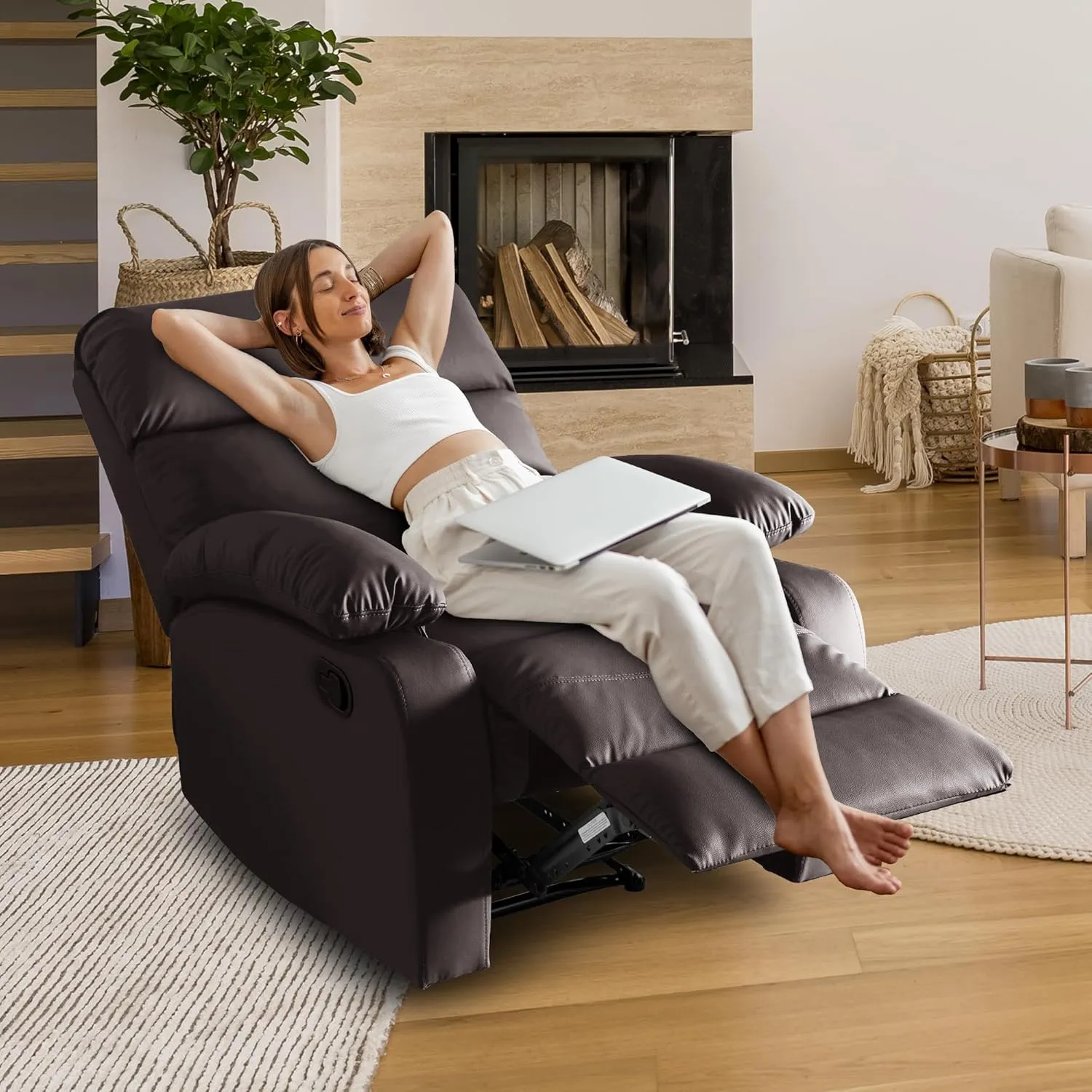 Manual Recliner Chair for Adults and Small Spaces, Faux Leather Reclining Chair, Single Lazyboy Sofa for Living Room, RV, Bedroom, Brown