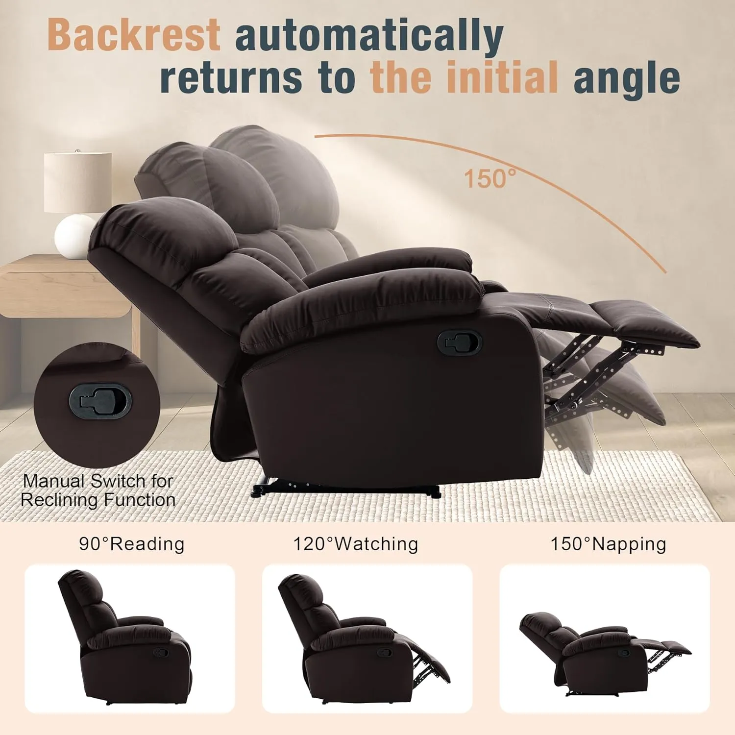 Manual Recliner Chair for Adults and Small Spaces, Faux Leather Reclining Chair, Single Lazyboy Sofa for Living Room, RV, Bedroom, Brown