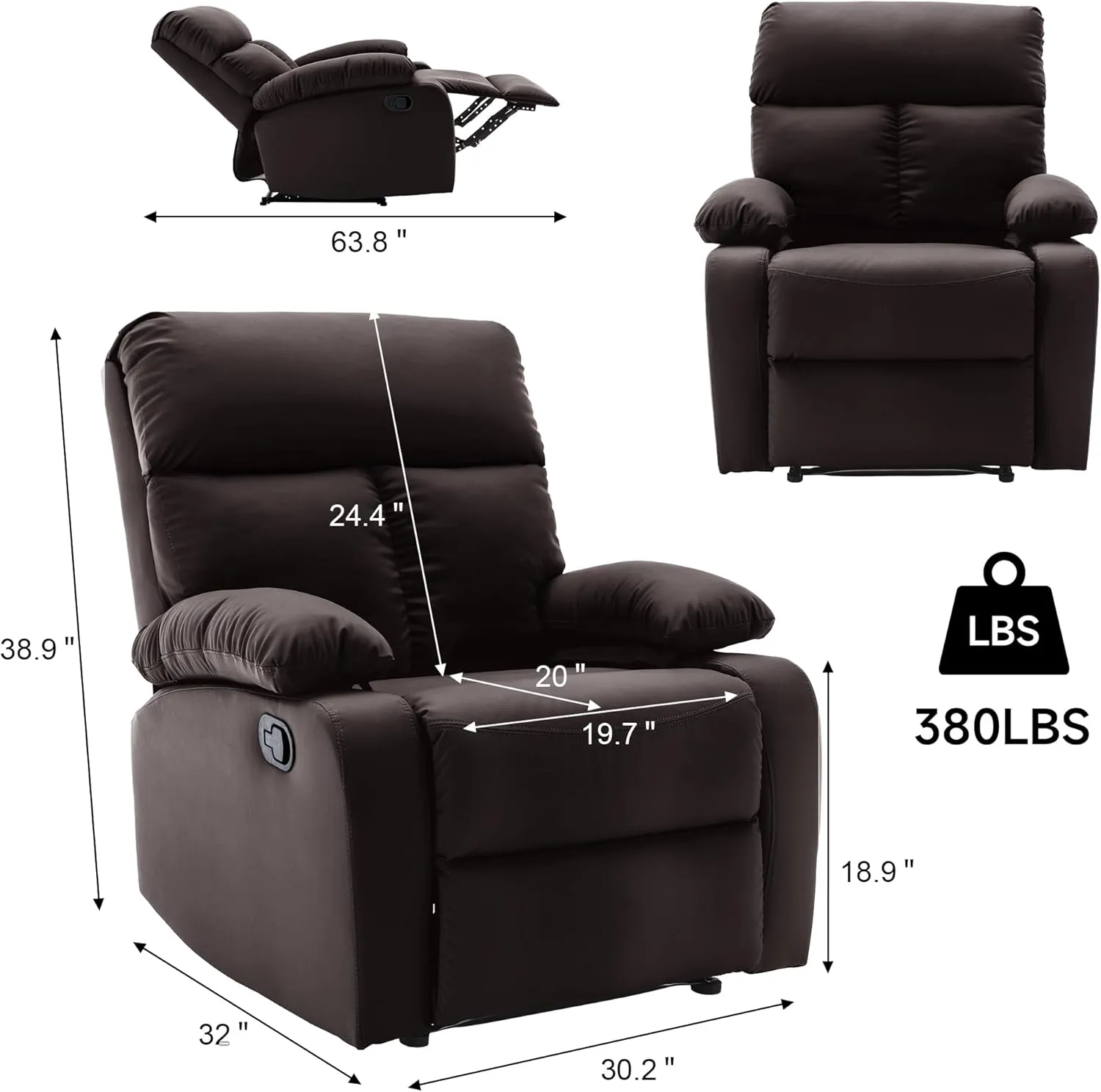 Manual Recliner Chair for Adults and Small Spaces, Faux Leather Reclining Chair, Single Lazyboy Sofa for Living Room, RV, Bedroom, Brown