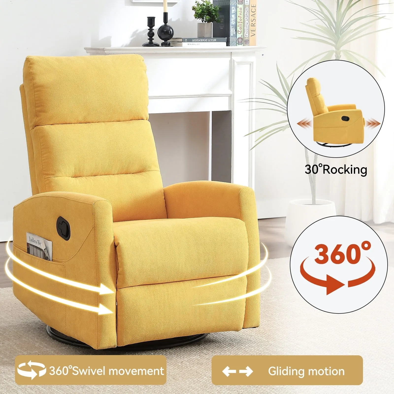 Manual Recliner Chair with Rocker and Swivel in Fabric for Living Room