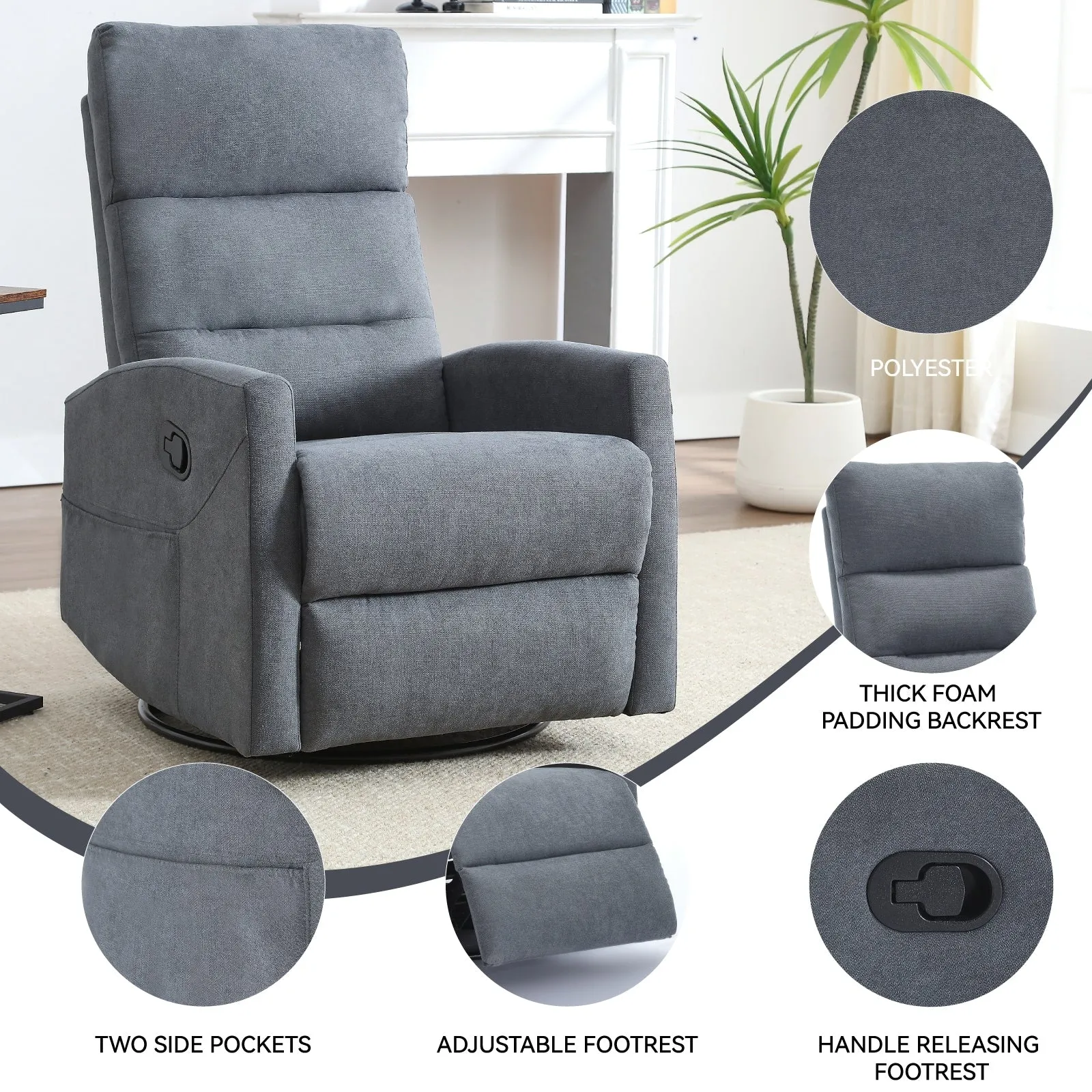 Manual Recliner Chair with Rocker and Swivel in Fabric for Living Room