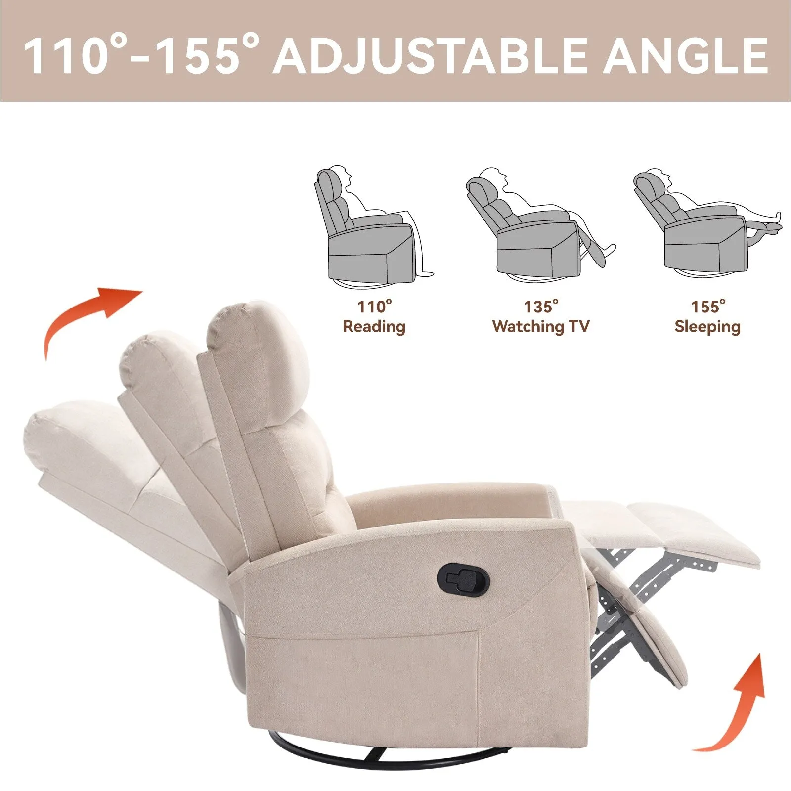 Manual Recliner Chair with Rocker and Swivel in Fabric for Living Room