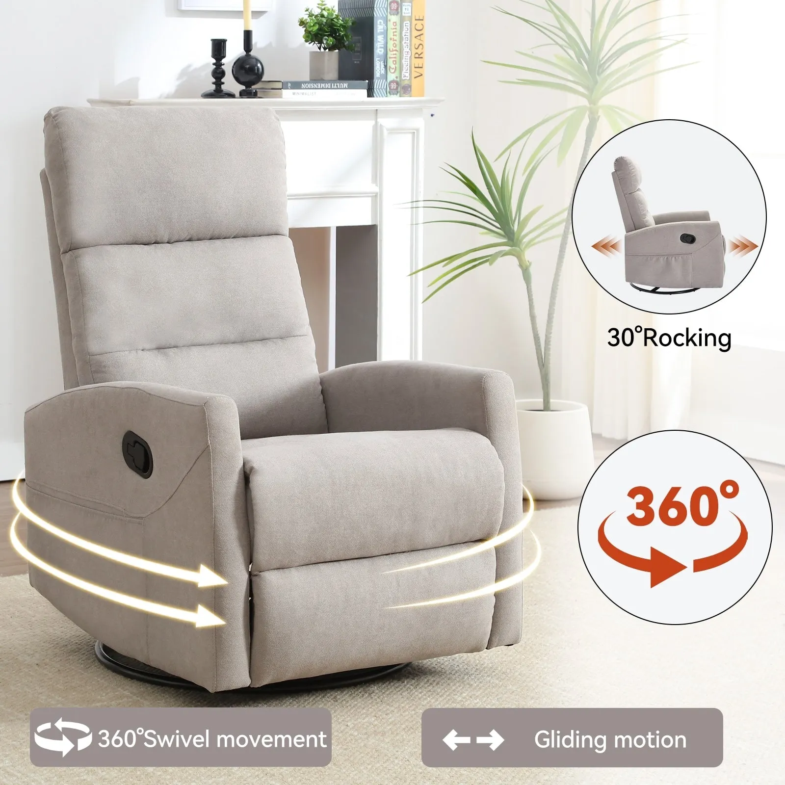 Manual Recliner Chair with Rocker and Swivel in Fabric for Living Room