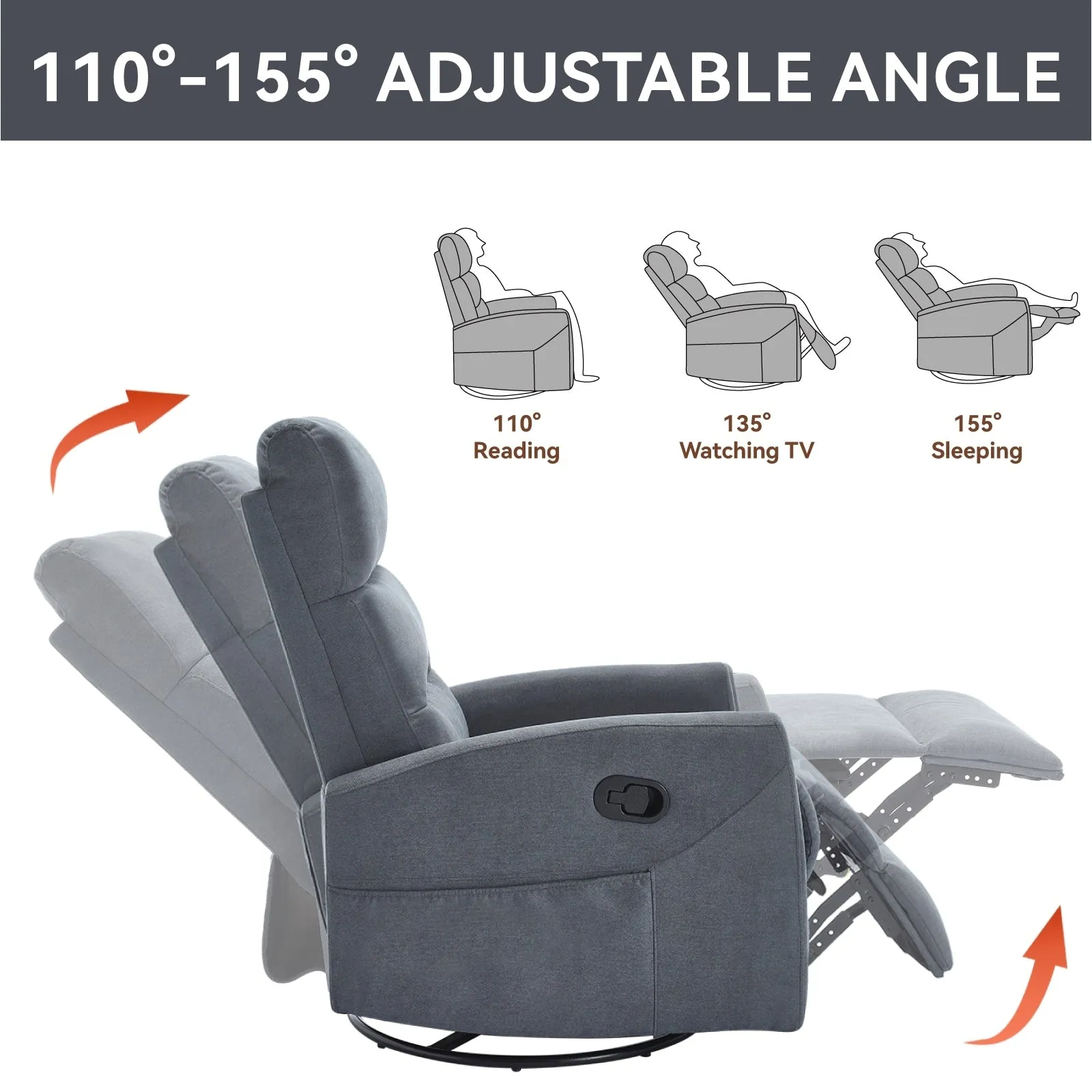 Manual Recliner Chair with Rocker and Swivel in Fabric for Living Room