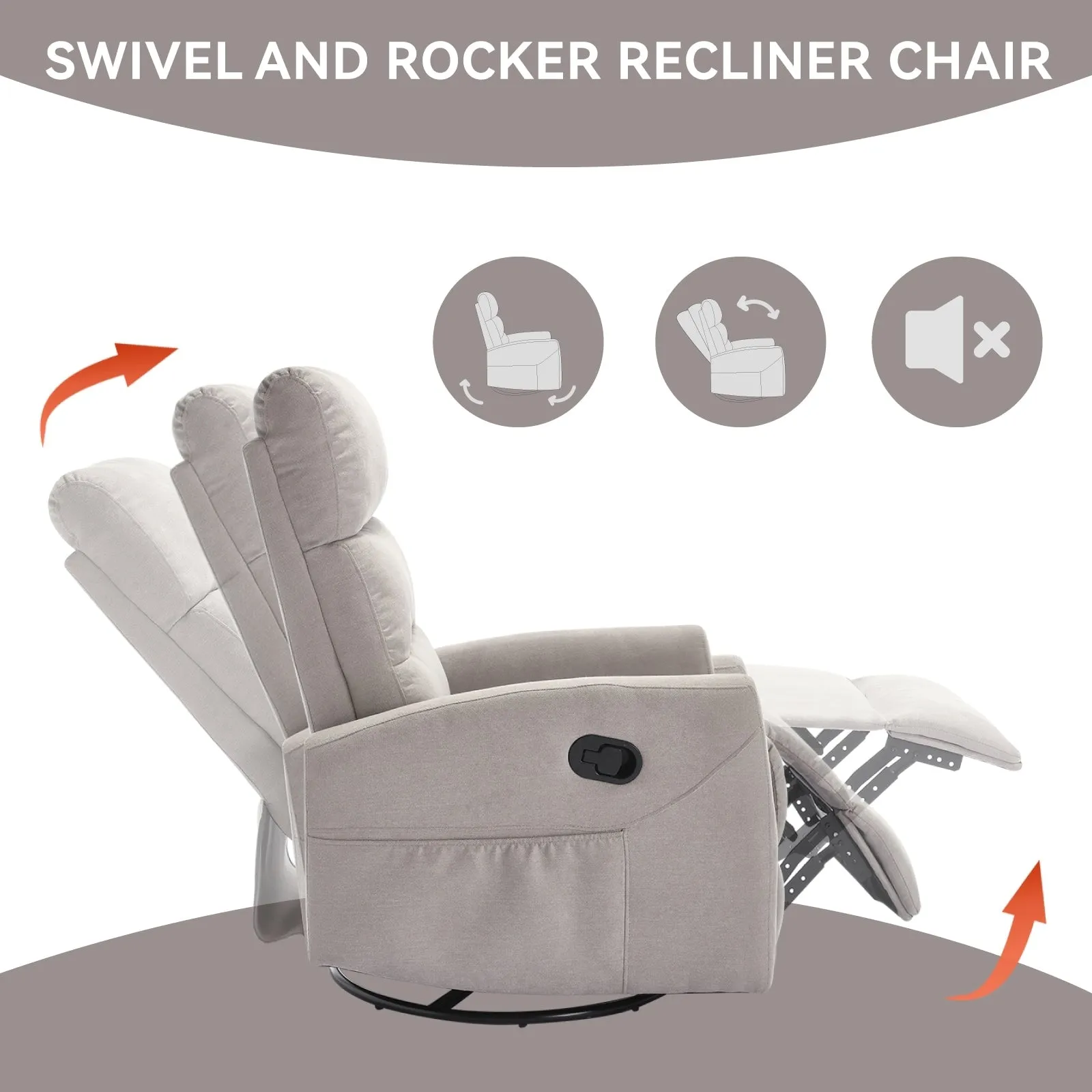 Manual Recliner Chair with Rocker and Swivel in Fabric for Living Room