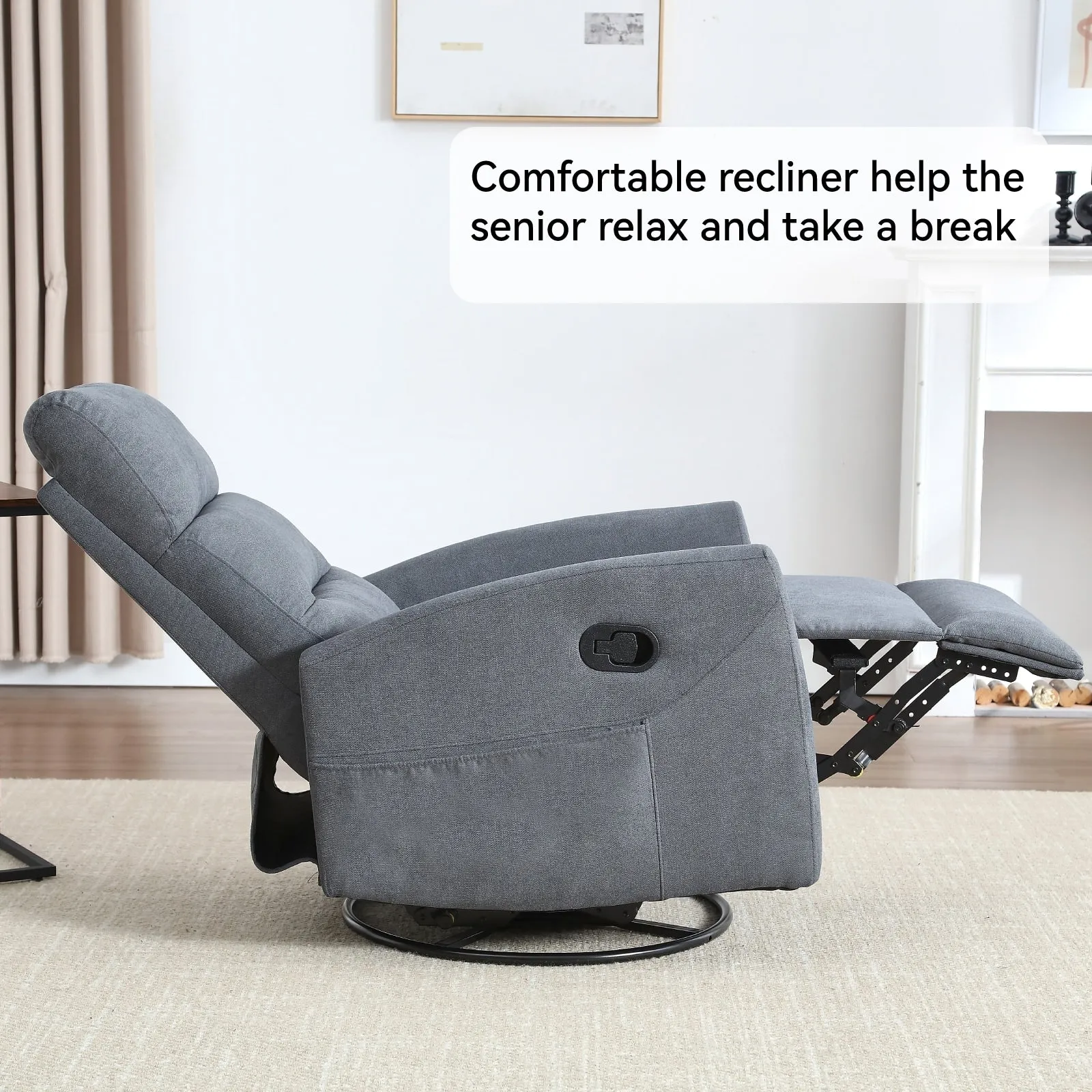 Manual Recliner Chair with Rocker and Swivel in Fabric for Living Room