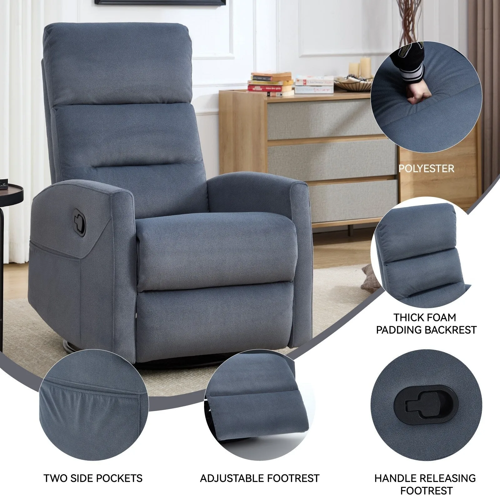 Manual Recliner Chair with Rocker and Swivel in Fabric for Living Room