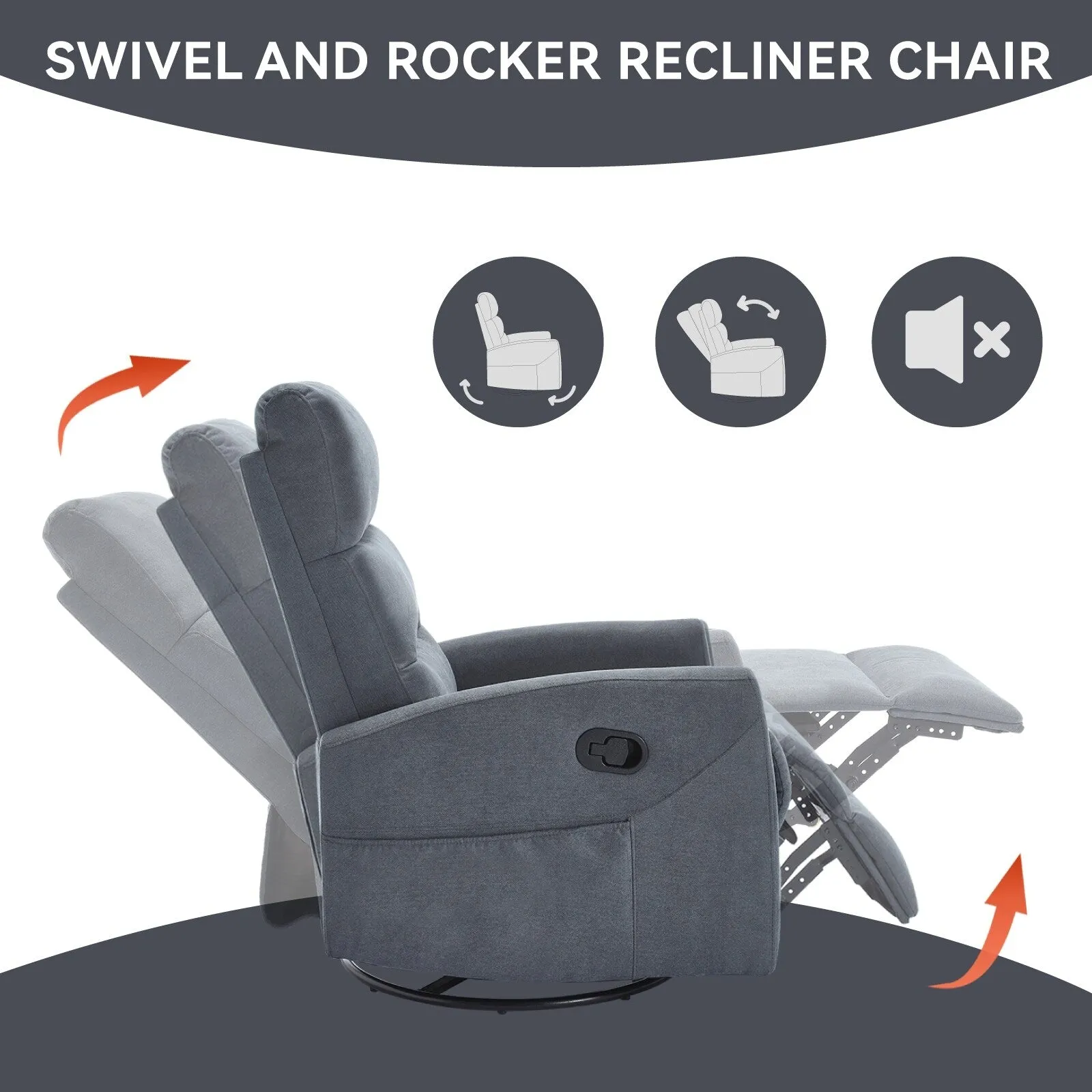 Manual Recliner Chair with Rocker and Swivel in Fabric for Living Room