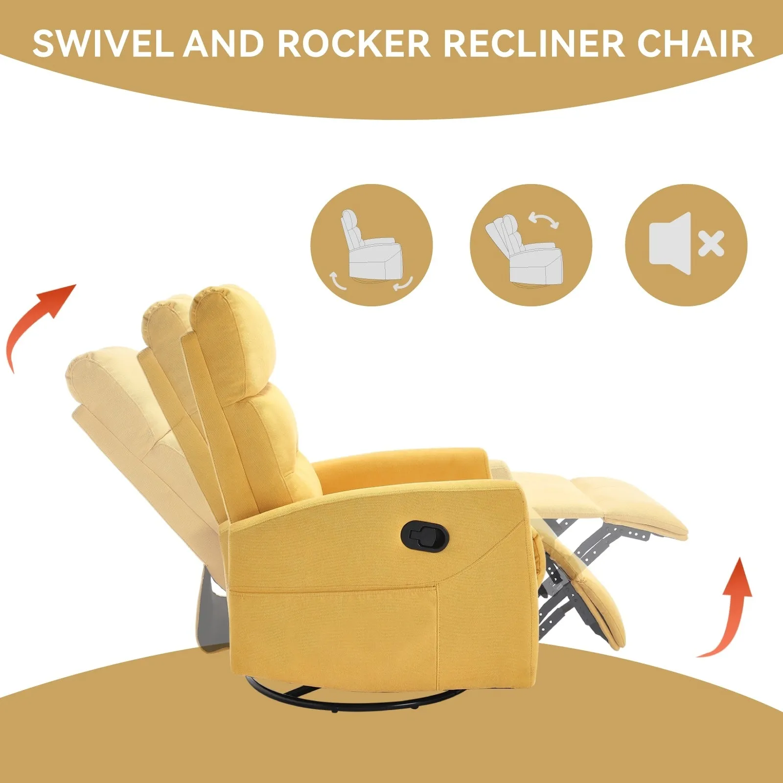 Manual Recliner Chair with Rocker and Swivel in Fabric for Living Room