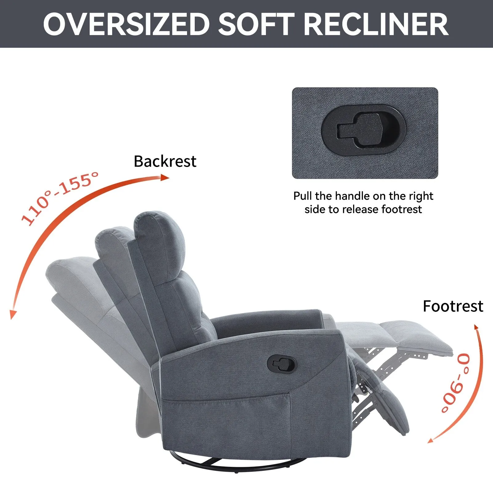 Manual Recliner Chair with Rocker and Swivel in Fabric for Living Room
