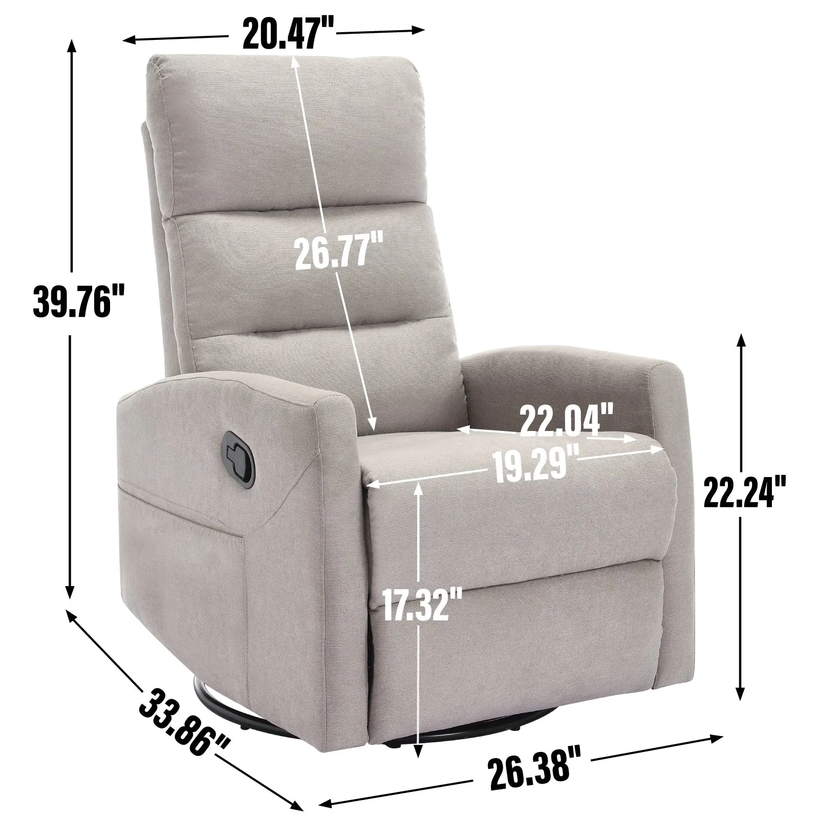 Manual Recliner Chair with Rocker and Swivel in Fabric for Living Room