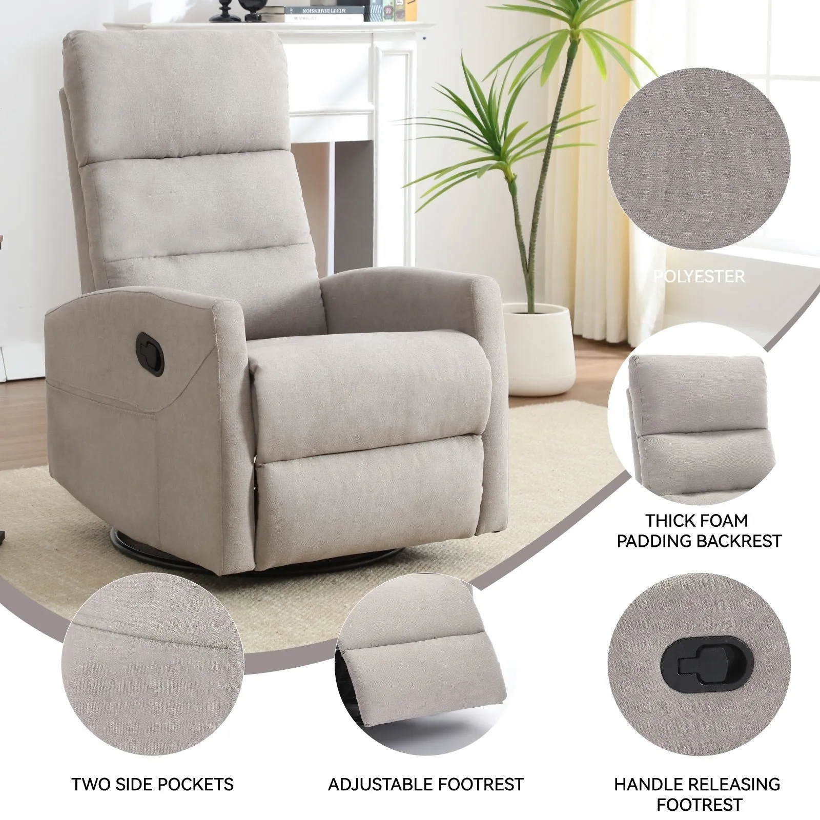 Manual Recliner Chair with Rocker and Swivel in Fabric for Living Room