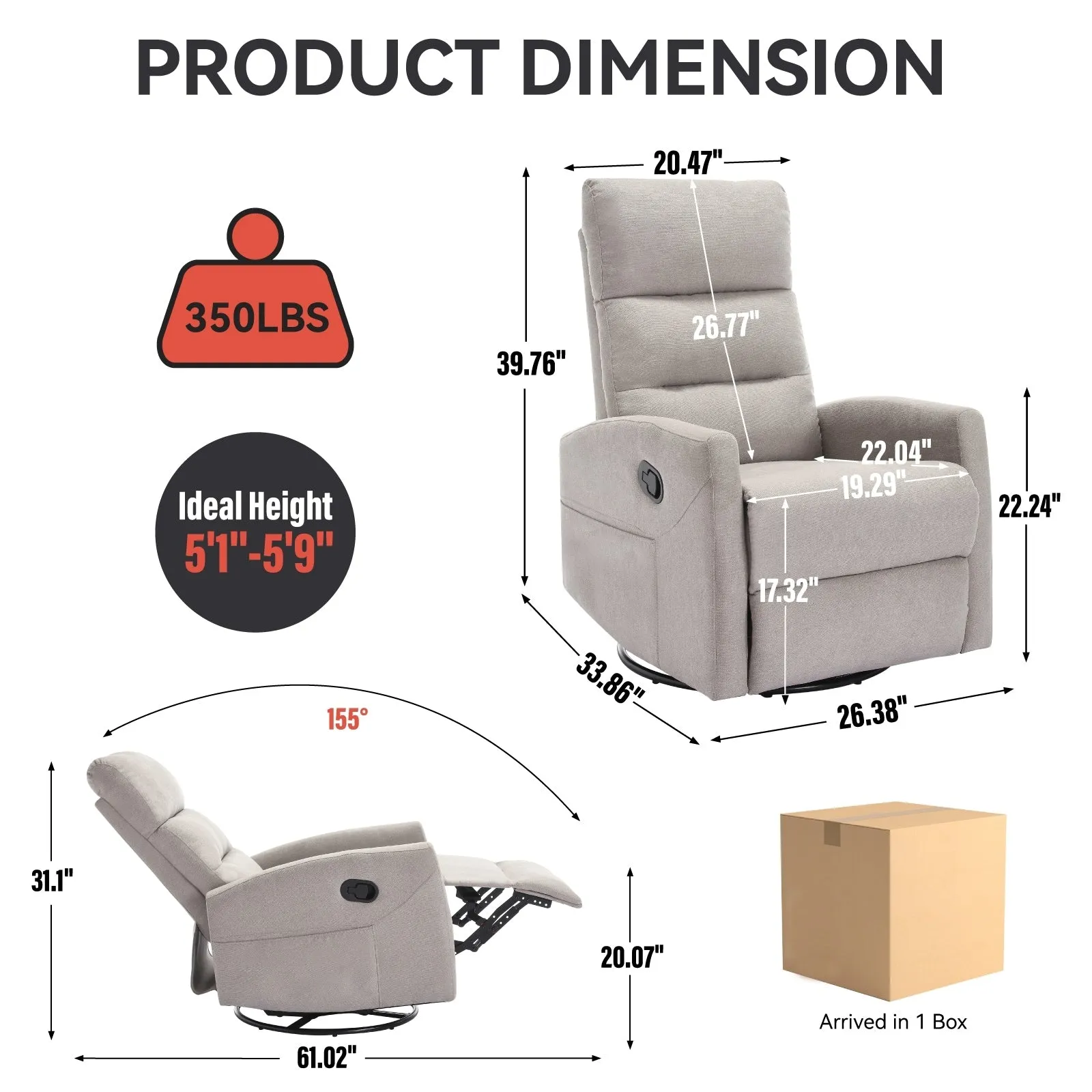Manual Recliner Chair with Rocker and Swivel in Fabric for Living Room