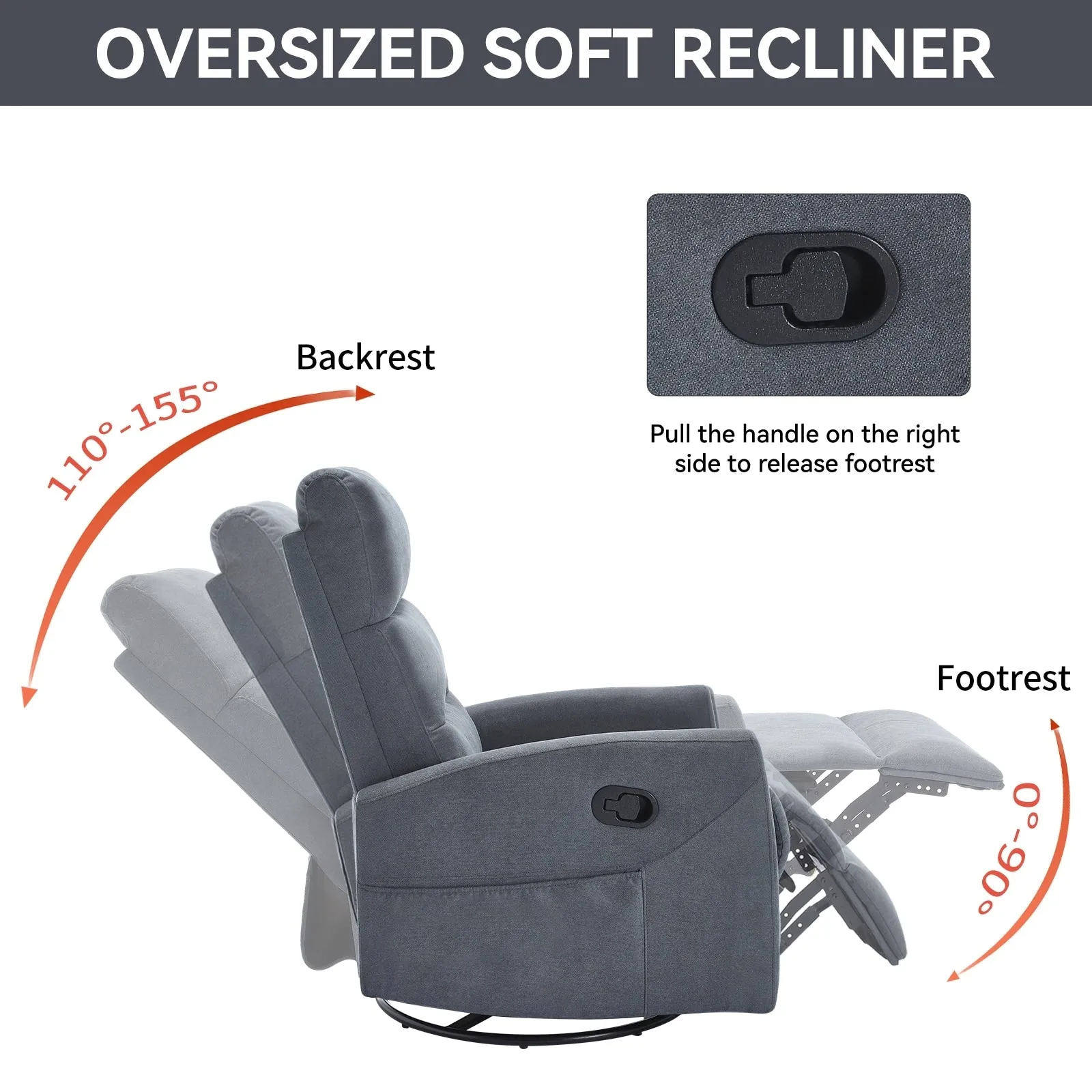 Manual Recliner Chair with Rocker and Swivel in Fabric for Living Room