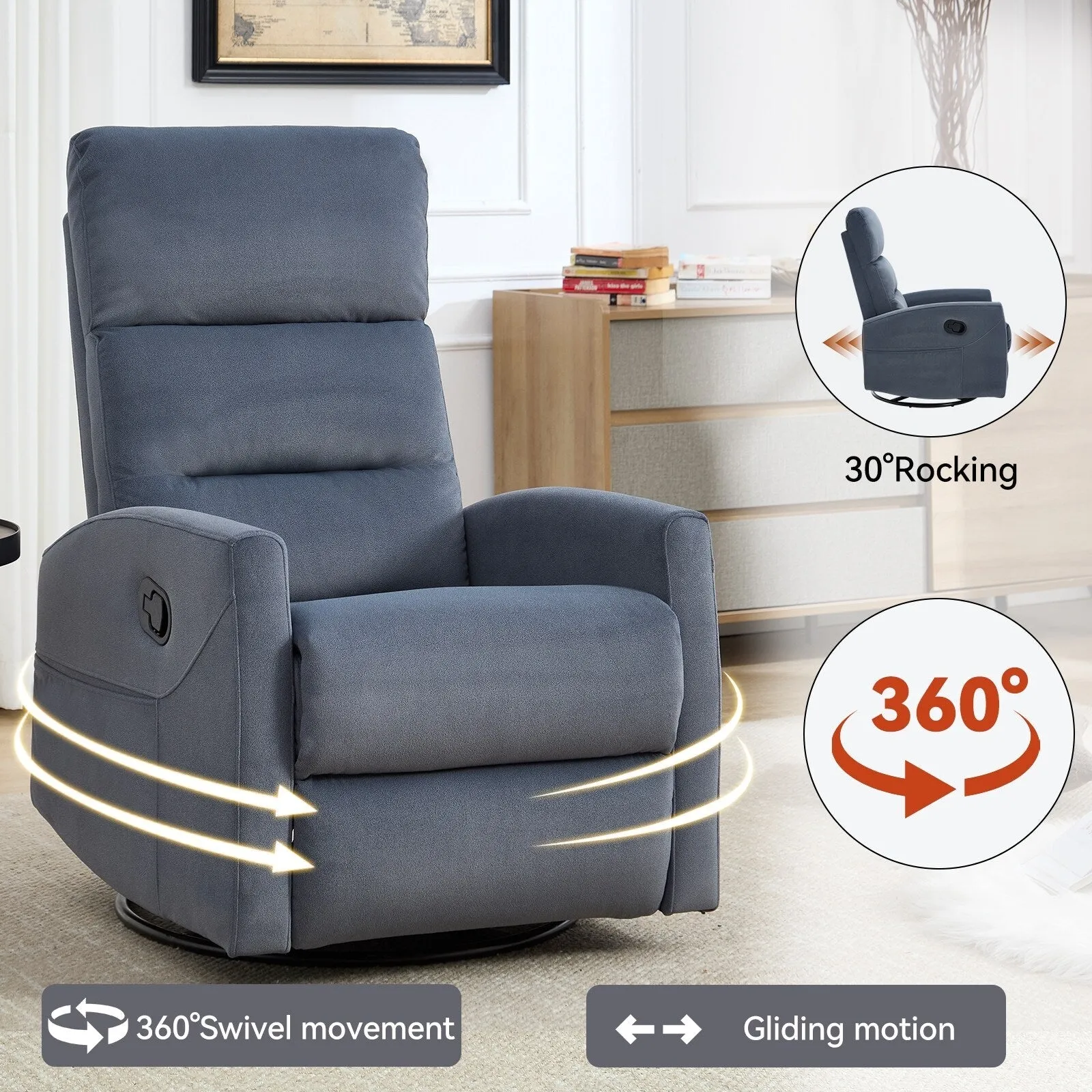 Manual Recliner Chair with Rocker and Swivel in Fabric for Living Room