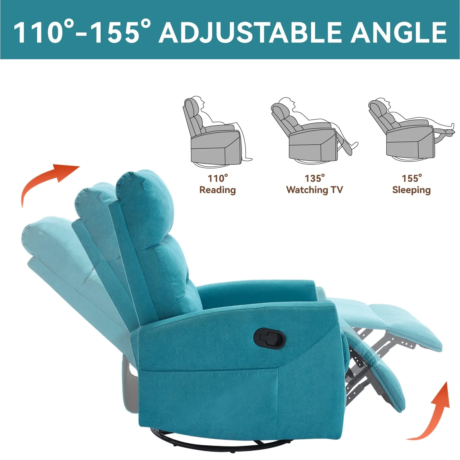 Manual Recliner Chair with Rocker and Swivel in Fabric for Living Room