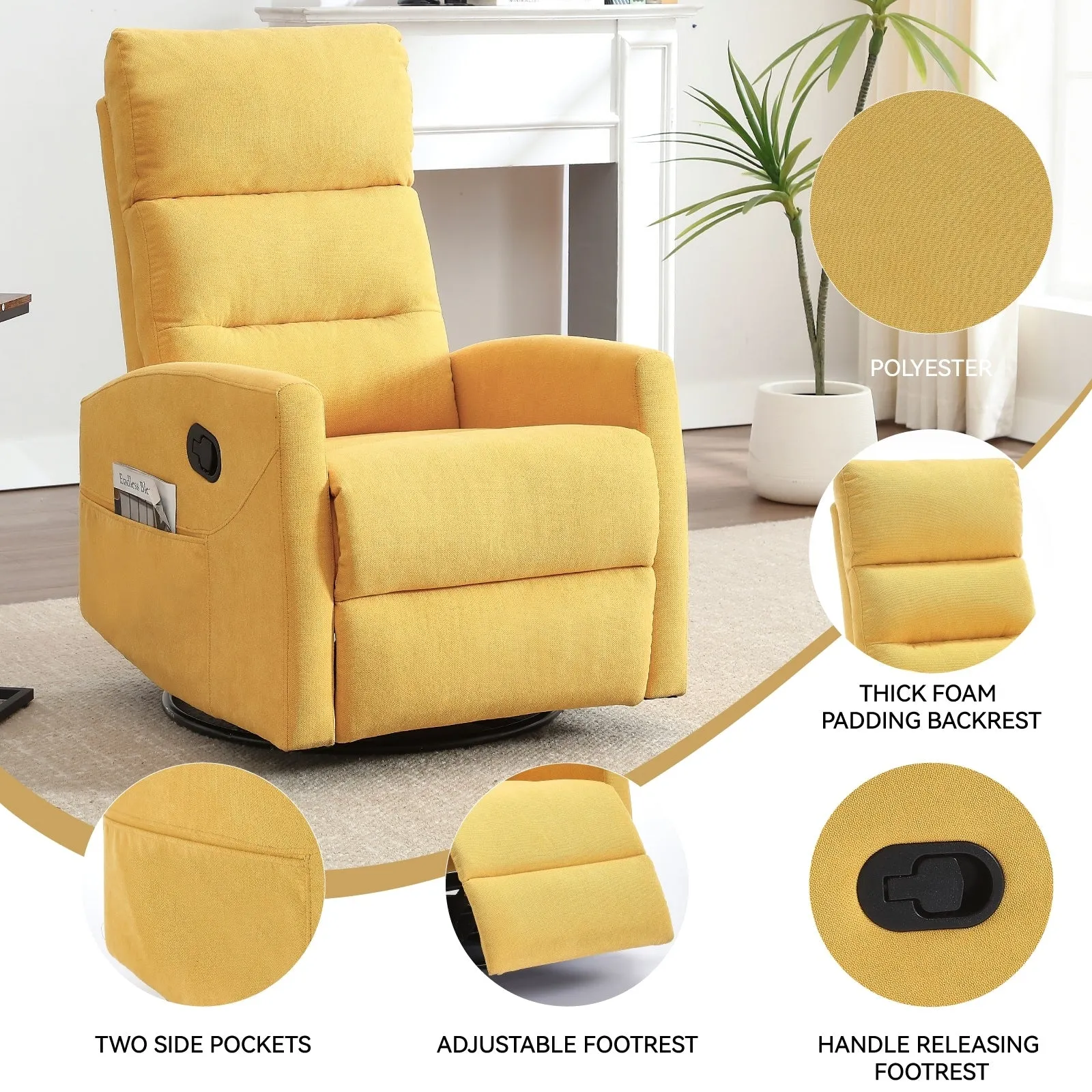 Manual Recliner Chair with Rocker and Swivel in Fabric for Living Room