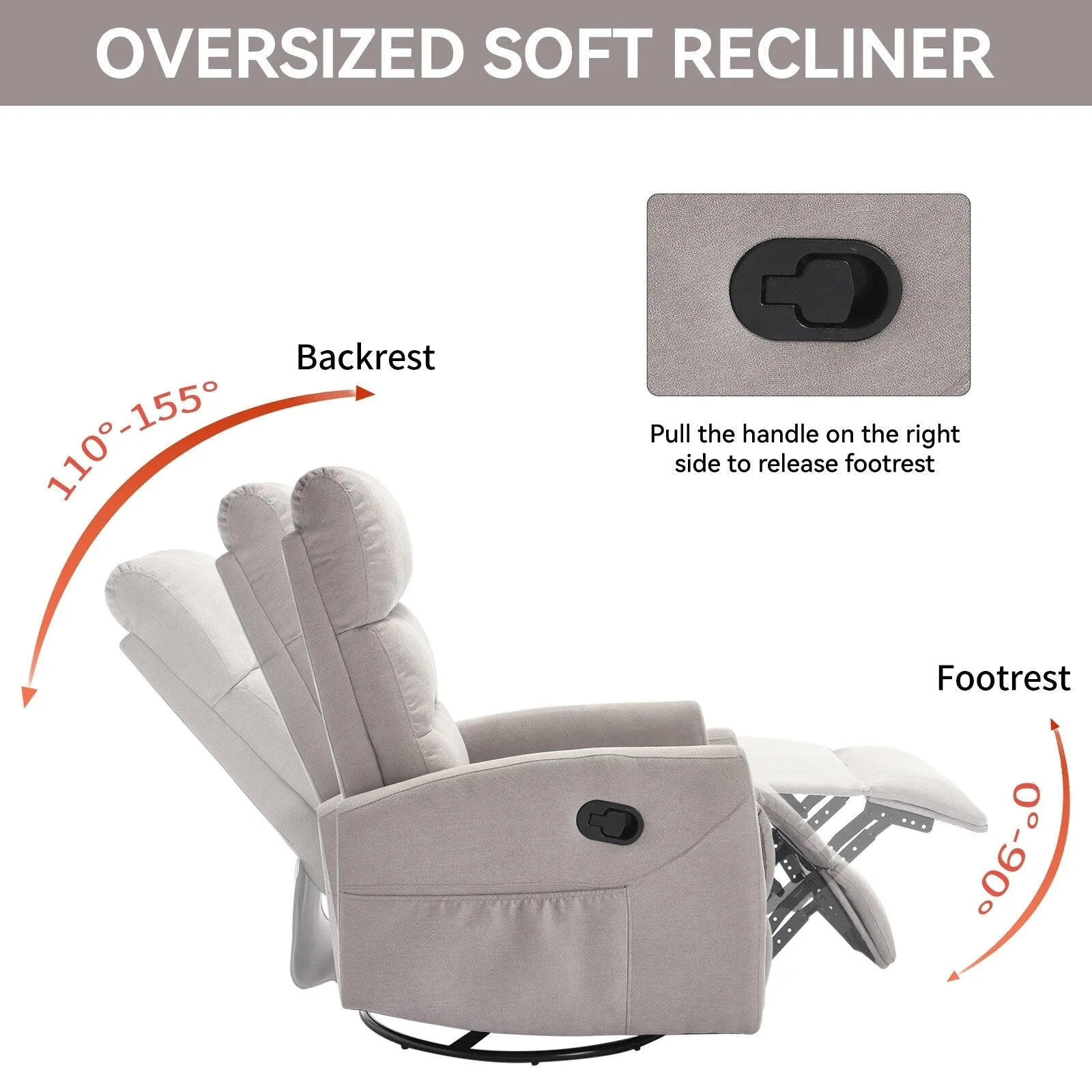 Manual Recliner Chair with Rocker and Swivel in Fabric for Living Room