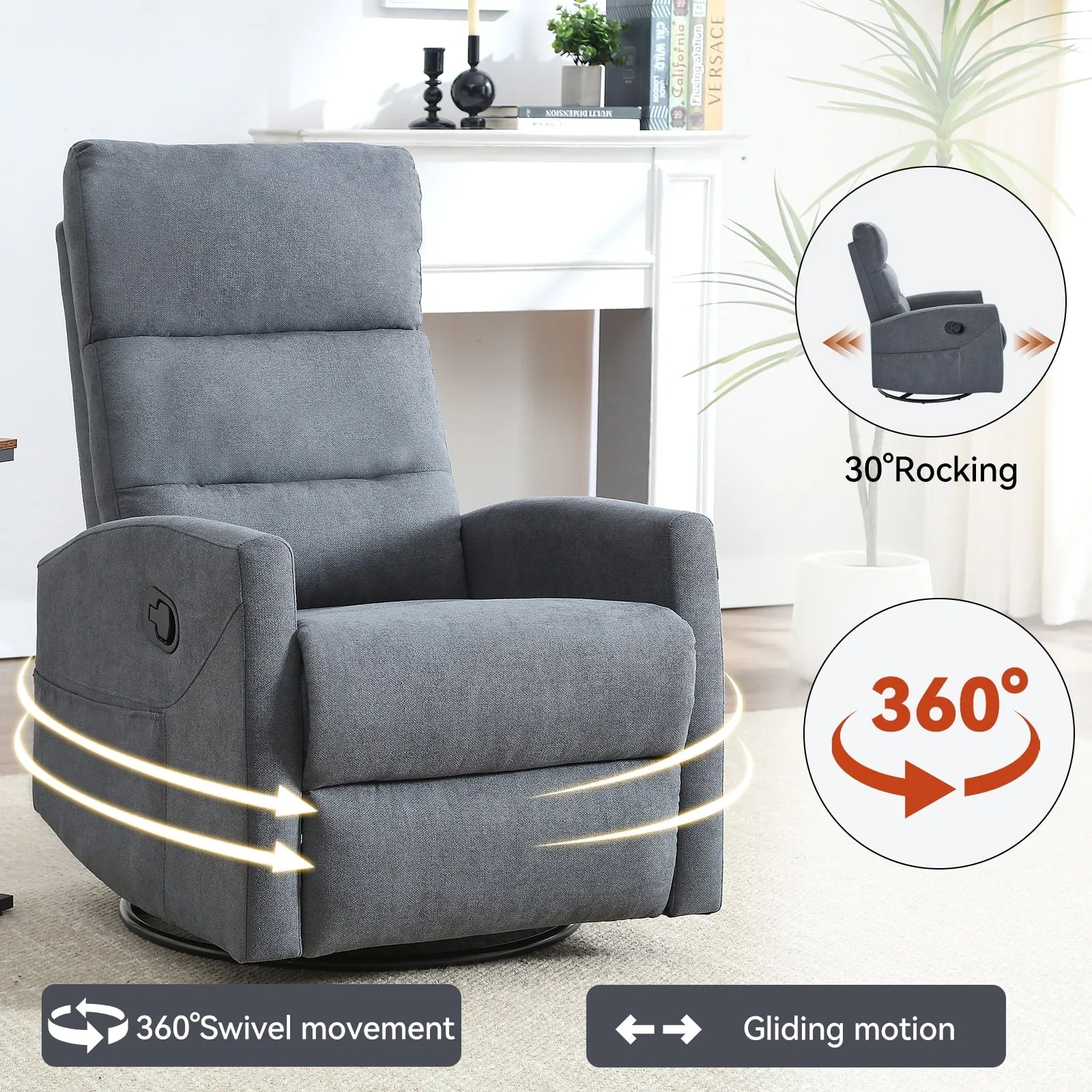 Manual Recliner Chair with Rocker and Swivel in Fabric for Living Room