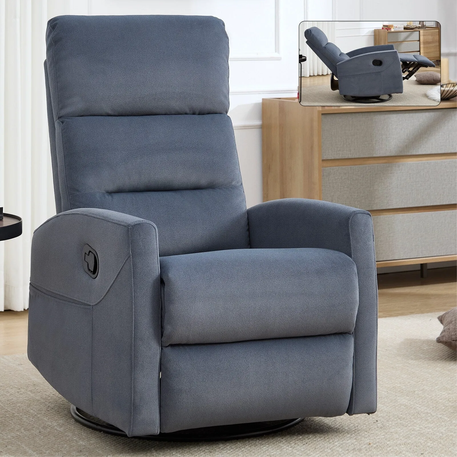 Manual Recliner Chair with Rocker and Swivel in Fabric for Living Room