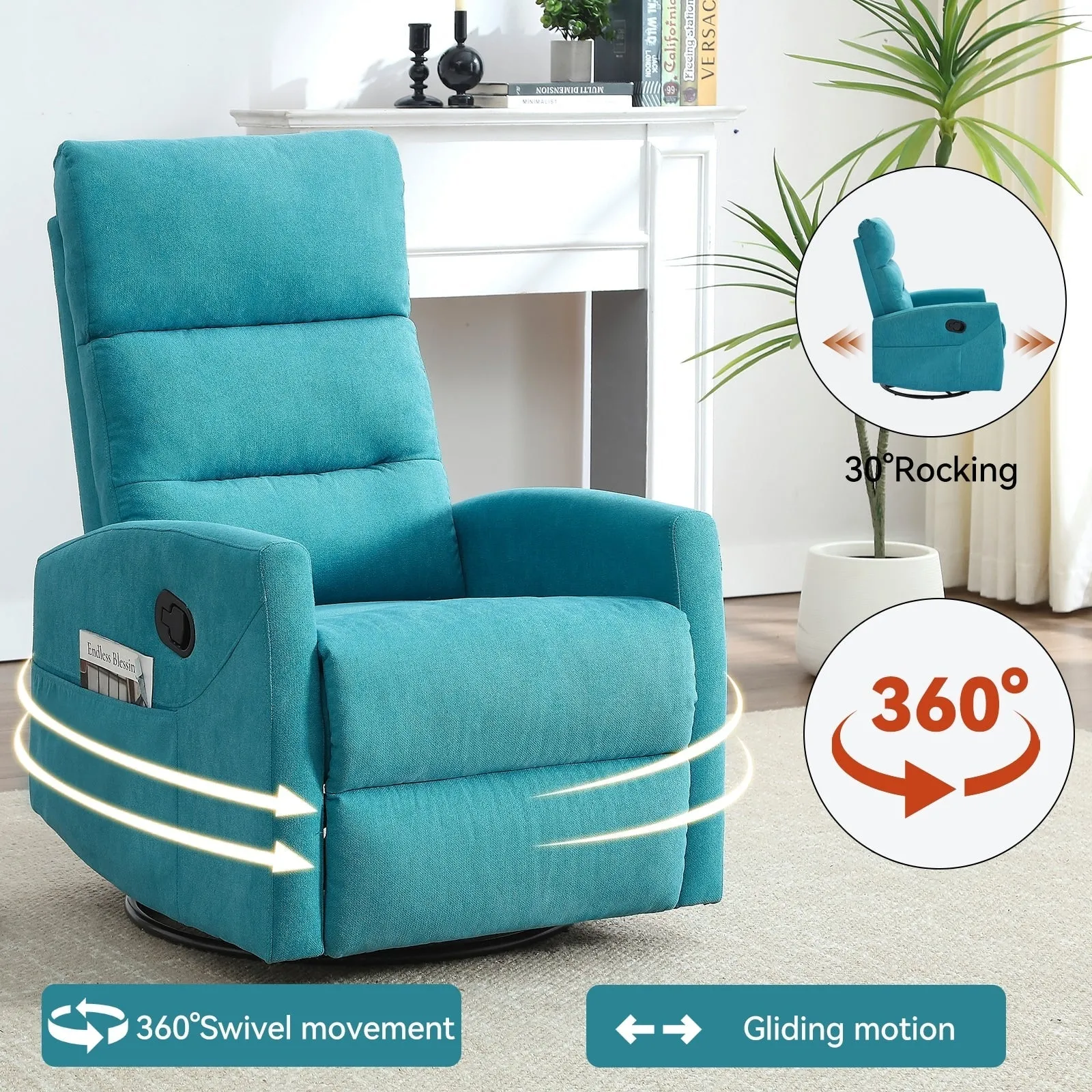 Manual Recliner Chair with Rocker and Swivel in Fabric for Living Room
