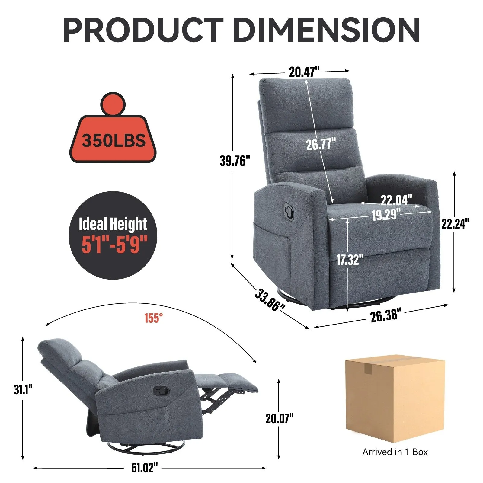 Manual Recliner Chair with Rocker and Swivel in Fabric for Living Room